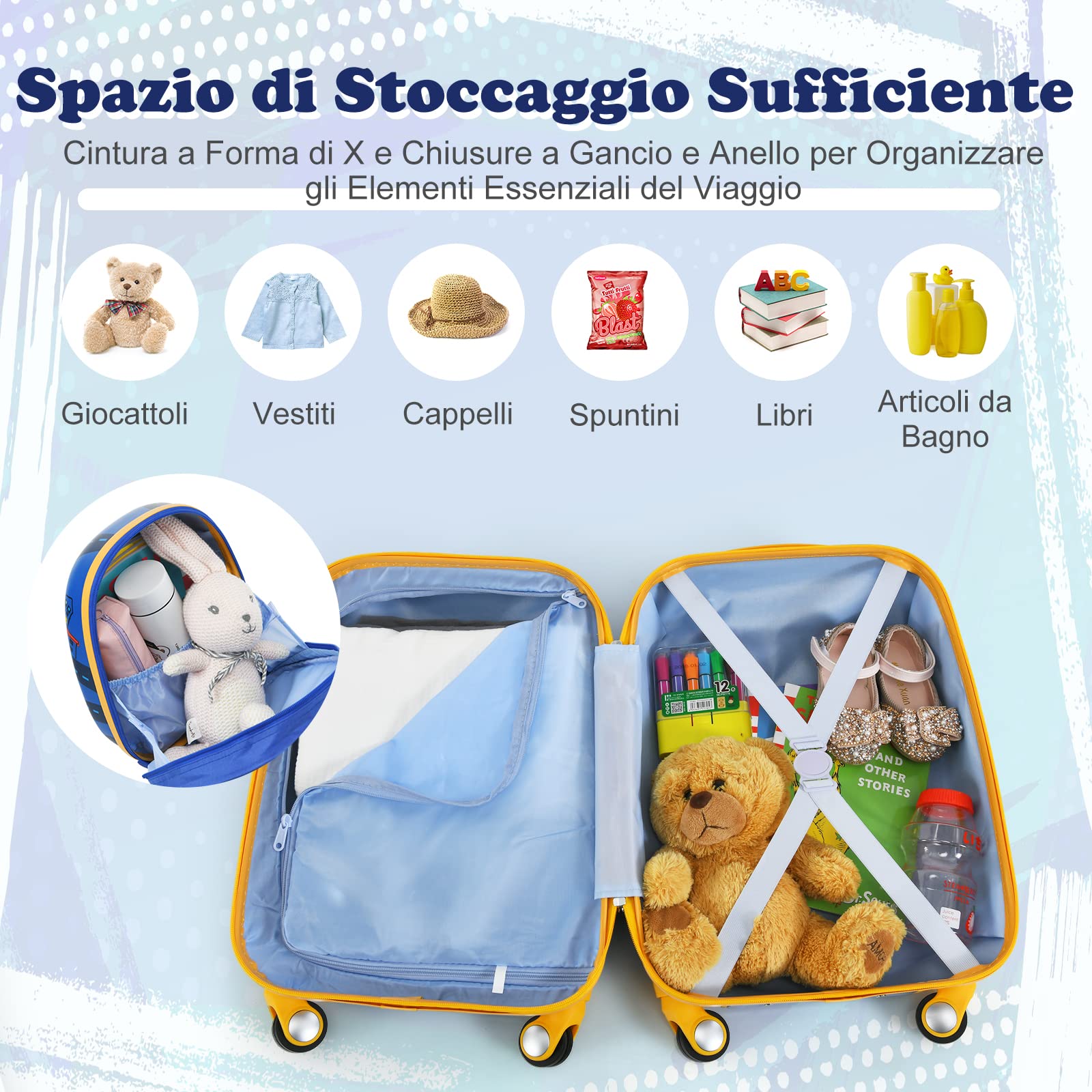 DREAMADE Trolley per Bambini, Set di Zaino + Trolley da Viaggio con Maniglia Leggero con Ruote (12"+18", Auto)