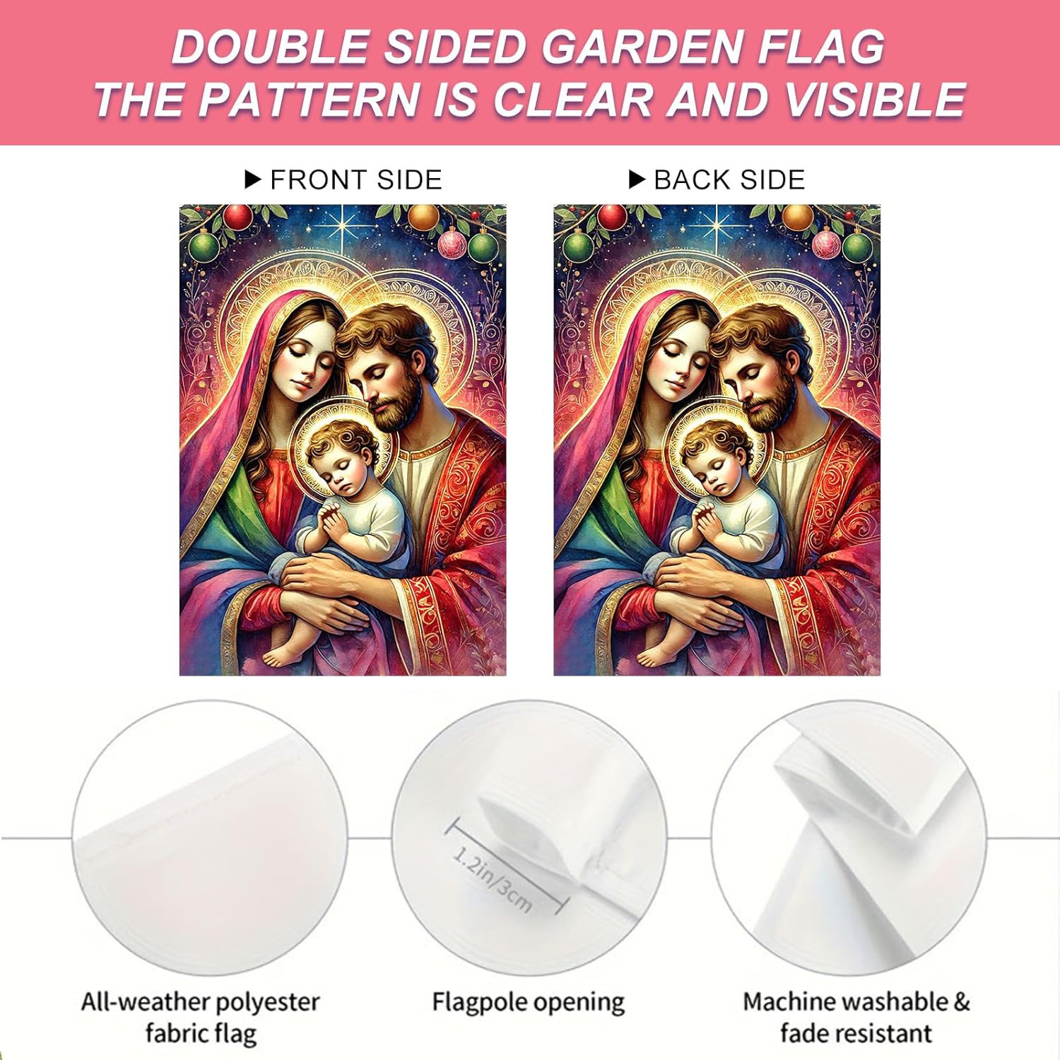 Christmas Outdoor Garden Flag 12x18 Inch Holy Family Nativity Scene with Halo Double Sided Flag for Religious Holiday Yard Porch Celebration Decoration - Image 4