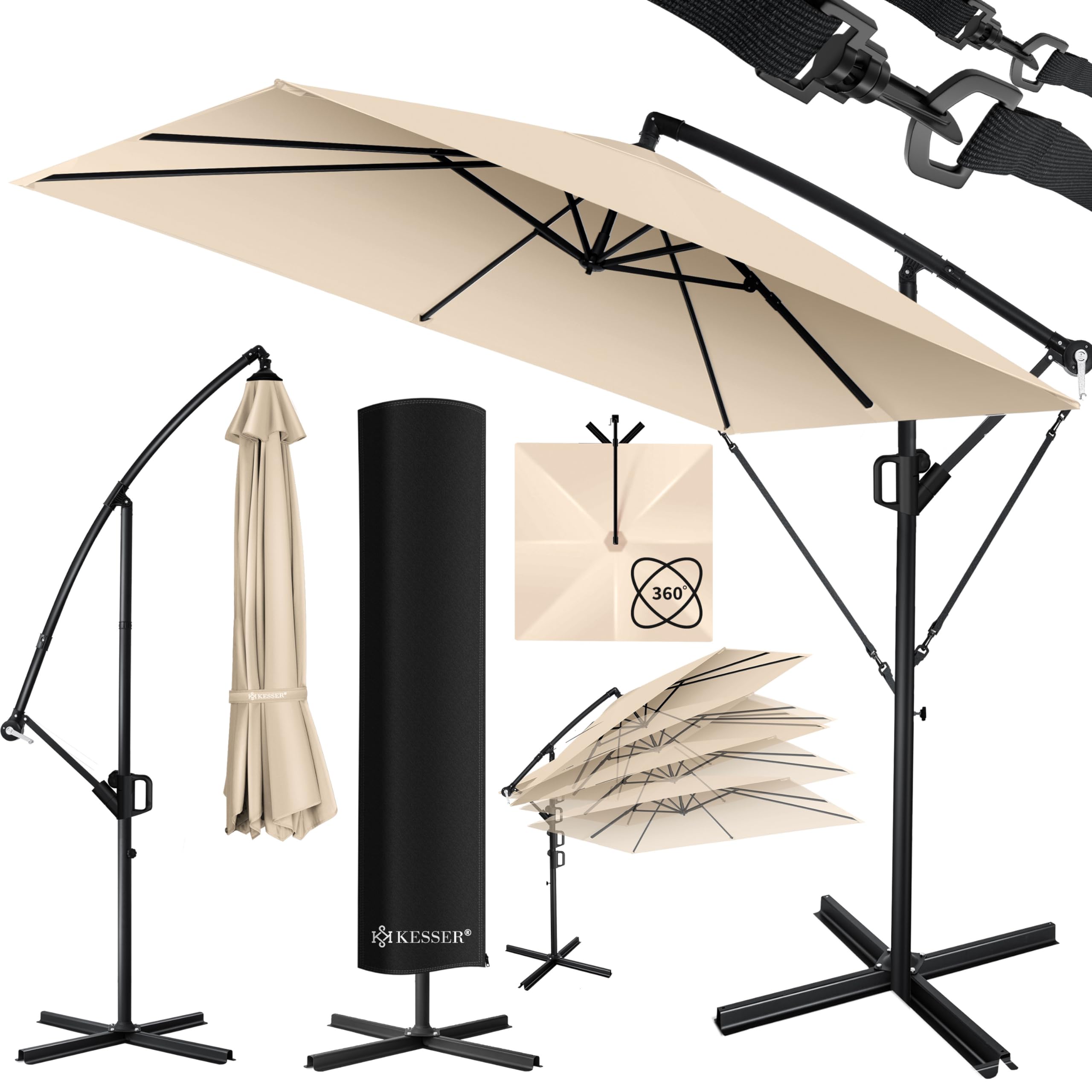 KESSER® Holly Sombrilla de terraza rectangular + funda + protección contra el viento con manivela, incl. manivela y soporte Protección UV Aluminio hidrófugo 250cm x 250cm Sombrilla de jardín