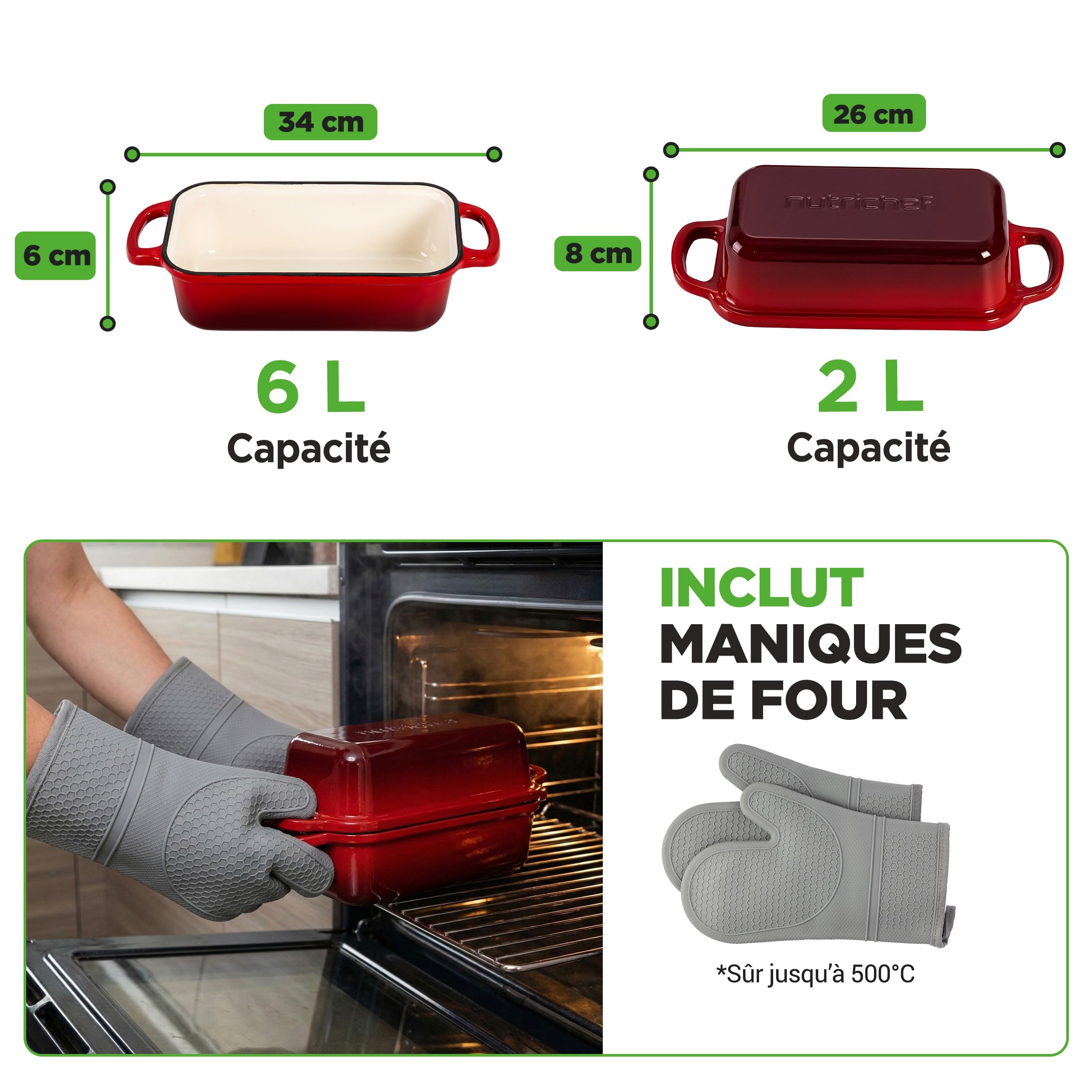 NutriChef Moule à Pain en Fonte Émaillée avec Couvercle - Cocotte Rectangulaire Dutch Oven pour Pain Levain, Double Moule Réversible, Four 260°C, Gants Silicone, Lasagne, Ragoût, Cake, 23x13 cm