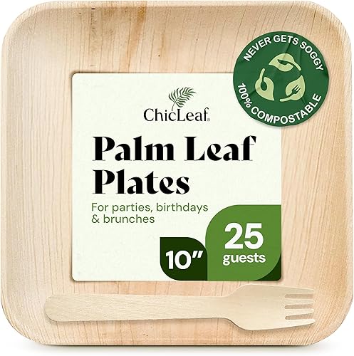 Miniatura 10 de Chic Leaf Platos desechables cuadrados de hoja de palma de bambú, paquete de 100 unidades de 8 pulgadas, vajilla biodegradable y compostable, platos