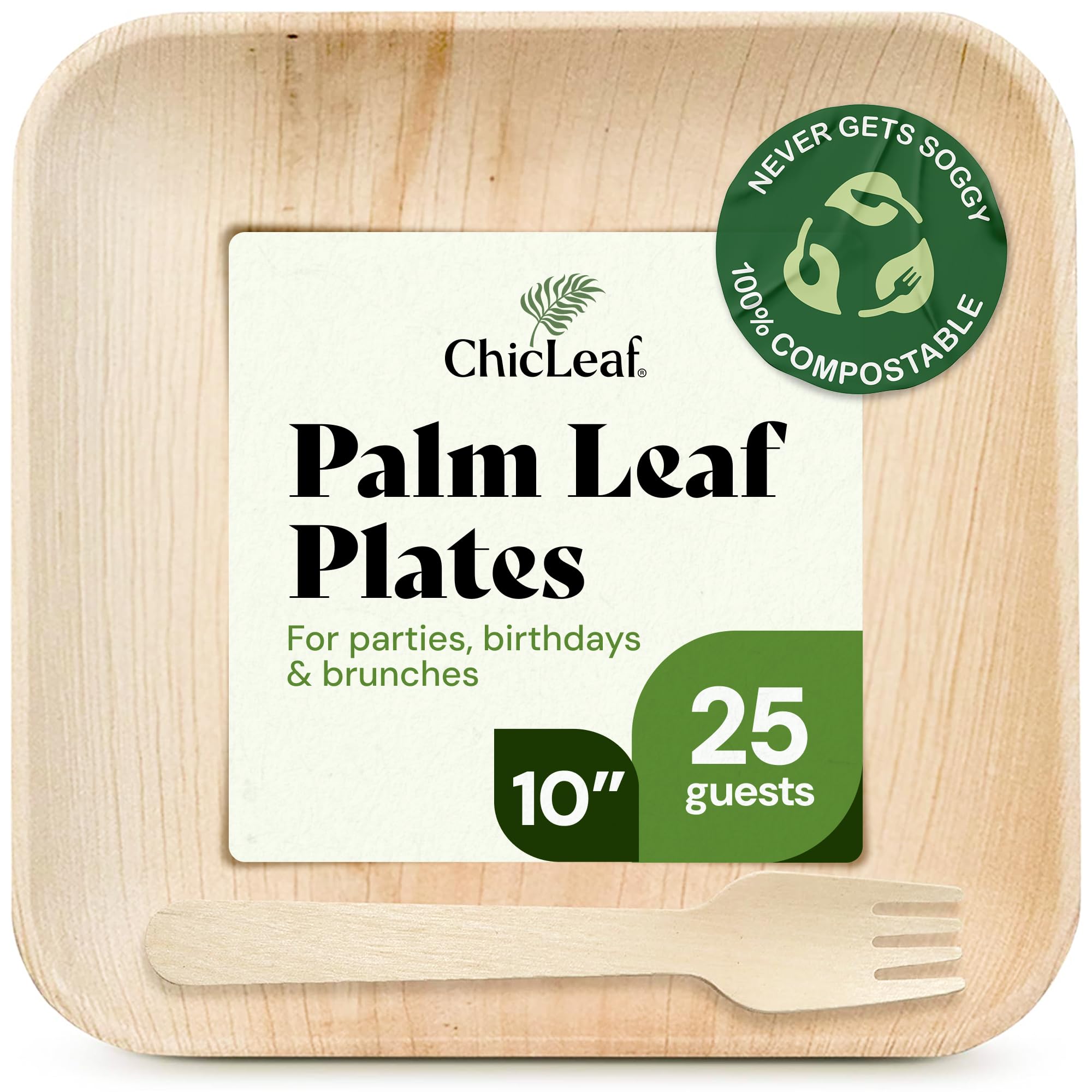 chic leaf palm leaf plates disposable inch square pack compostable biodegradable & eco friendly plates - microwave safe disposable (10'' - 25 pack)