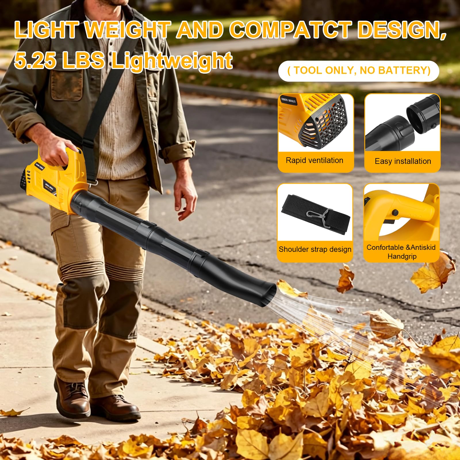 Soffiatore a batteria per DeWalt XR Li-ion 18V DCB184 DCB182 DCB181 DCB180 | senza batteria,Con 6 velocità e tracolla,Potente soffiatore da cantiere,per giardino,prato,rimozione foglie