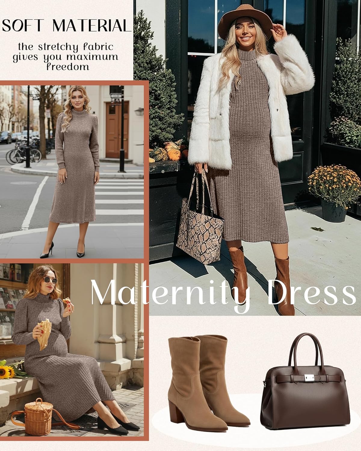 Women's Maternity Sweater Dress, Turtleneck Long Sleeve Knit Pregnant Puff Sleeve Dress Fall Winter Holiday Outfit