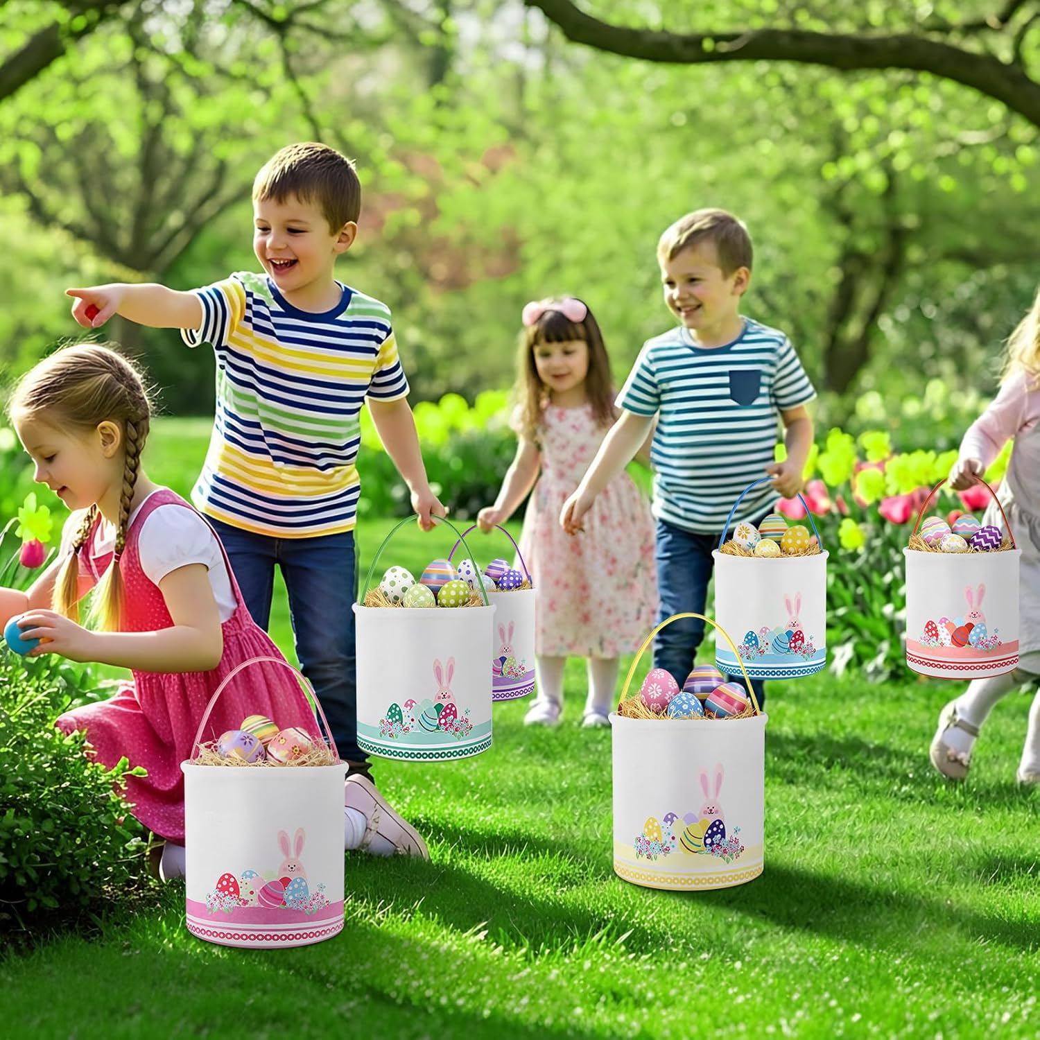 Honeydak 6 PCS Easter Eggs Hunt Basket for Kids Bunny Canvas Rabbit Tote Carry Bucket Bags(Color 7,Bunny Eggs)