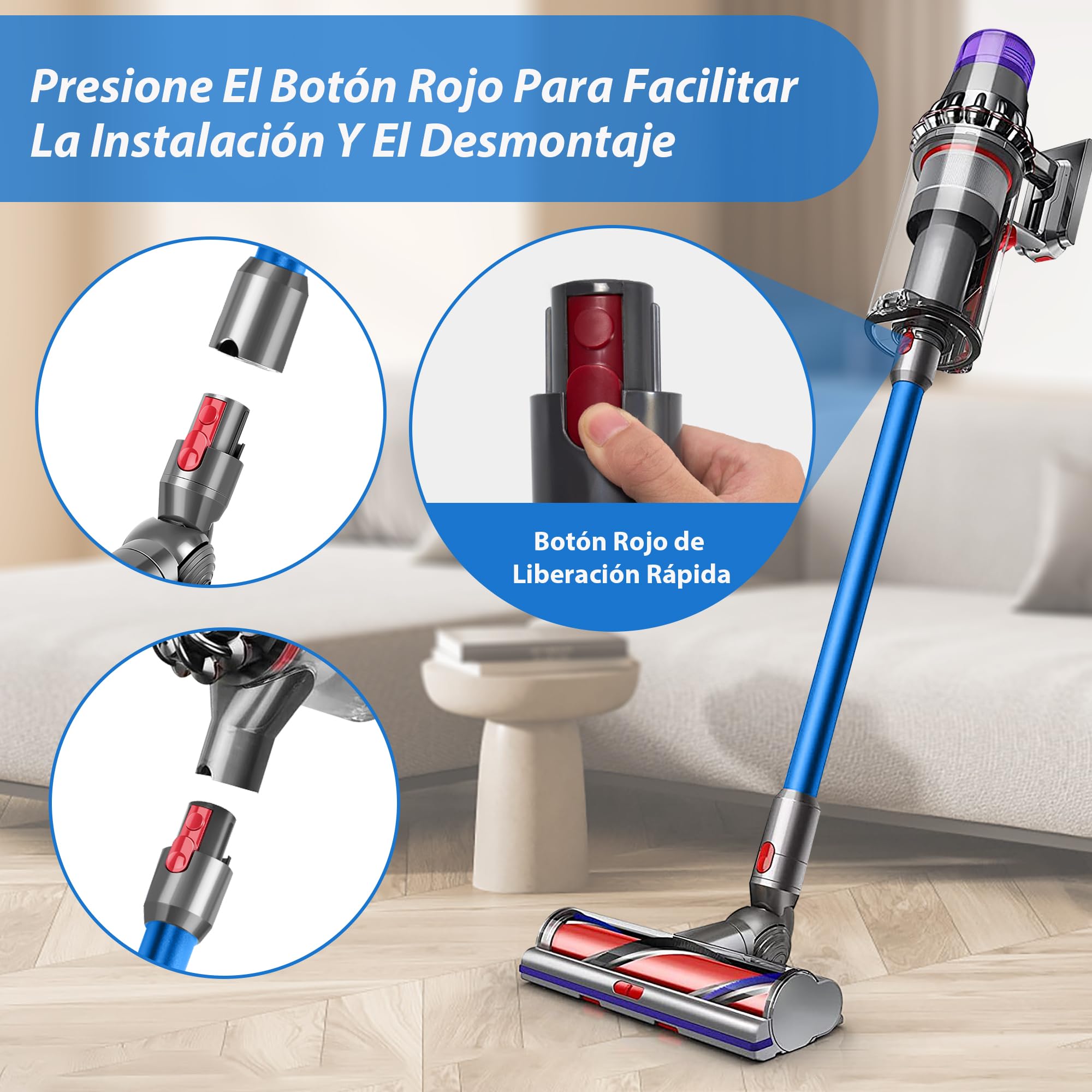 Tubo Telescópico Compatible con Dyson V7 V8 V10 V11 V15, Tubo de Extensión Rígido para Dyson V11, Tubo de Conexión de Liberación Rápida para Aspiradora Dyson con Dos 2 en 1 Cepillos, Azul
