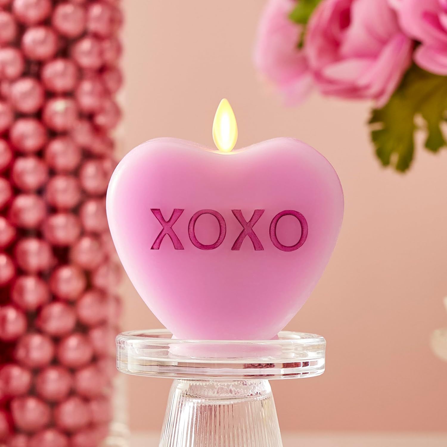Luminara Candy Heart XOXO Pastel Orchid Candle- Flameless Real-Flame Romantic Battery Operated LED Decor- Valentine's Day Collection- 3.5" x 4.5"