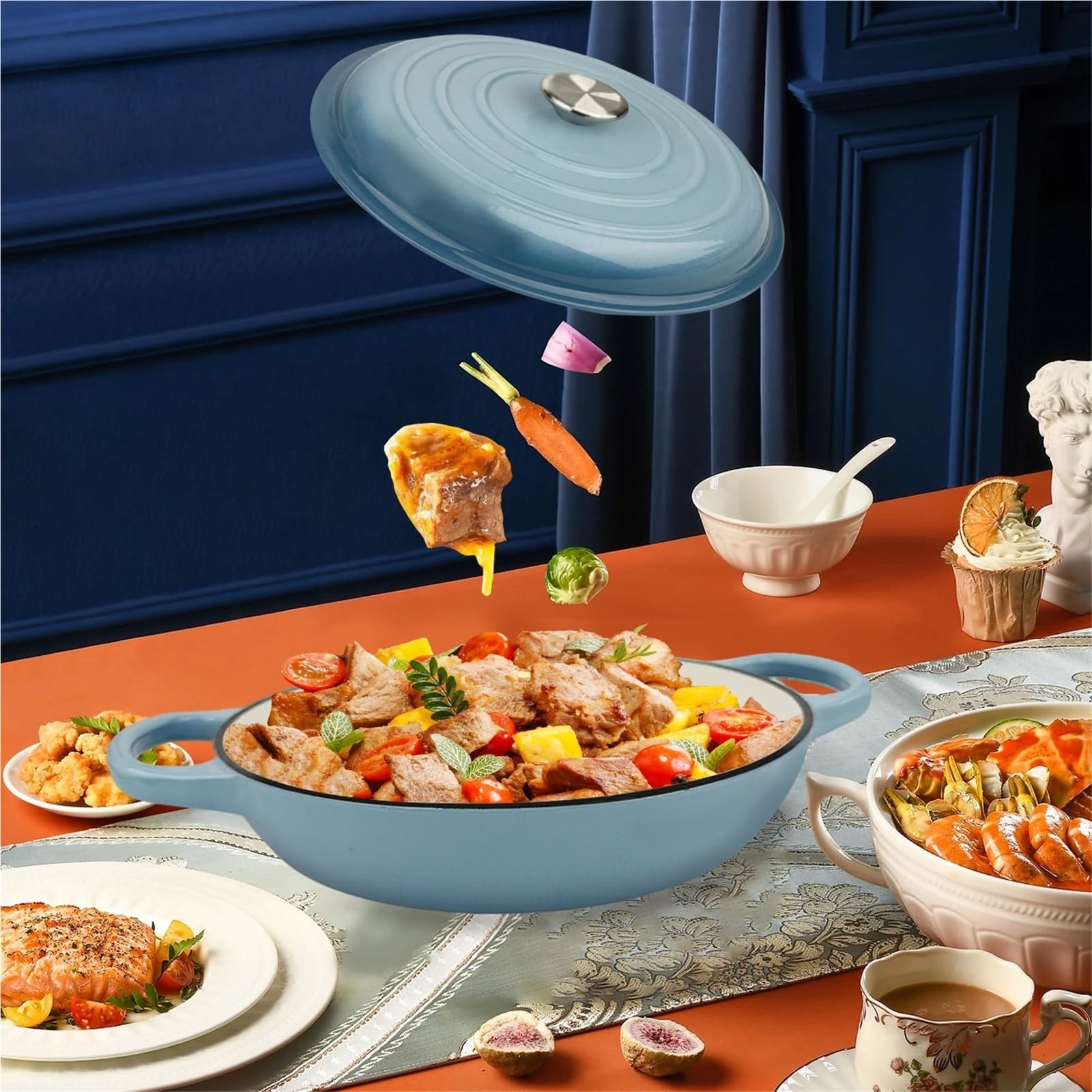 Pentola Smaltata Per Minestra Forno ovale in ghisa smaltata - Pentola pesante con coperchio, 2,5 QT, doppio manico, rosso e blu, for la cottura del pane, brodo, frutti di mare(Blue)