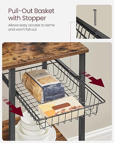 Miniatura 9 de VASAGLE Estante para panadero, soporte para microondas, estante de almacenamiento de cocina con cesta de alambre, 6 ganchos y estantes, para Marrón