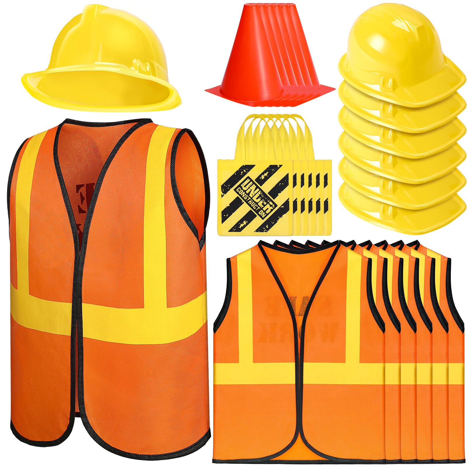 Geyoga 24 Pcs Kids Construction Worker Costumes Set Includes 6 Pcs Construction Vest, Cones, Hat, Dress up Bag for Kids Birthday Party Worker Costume