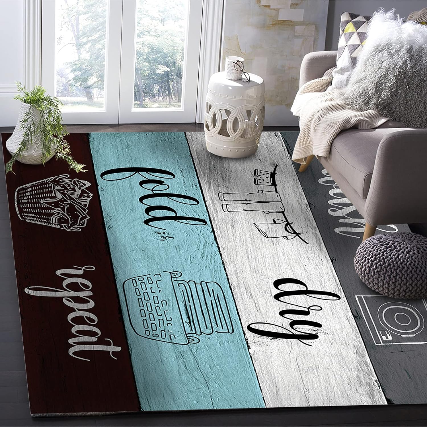 Indoor Area Rug, Laundry Room Non Slip Carpet Pad Bathroom Mat, Wash Dry Fold Repeat Splicing Colorful Wood Kitchen Runner Area Rug for Bedroom/Living Room/Kids Room 5'x7'