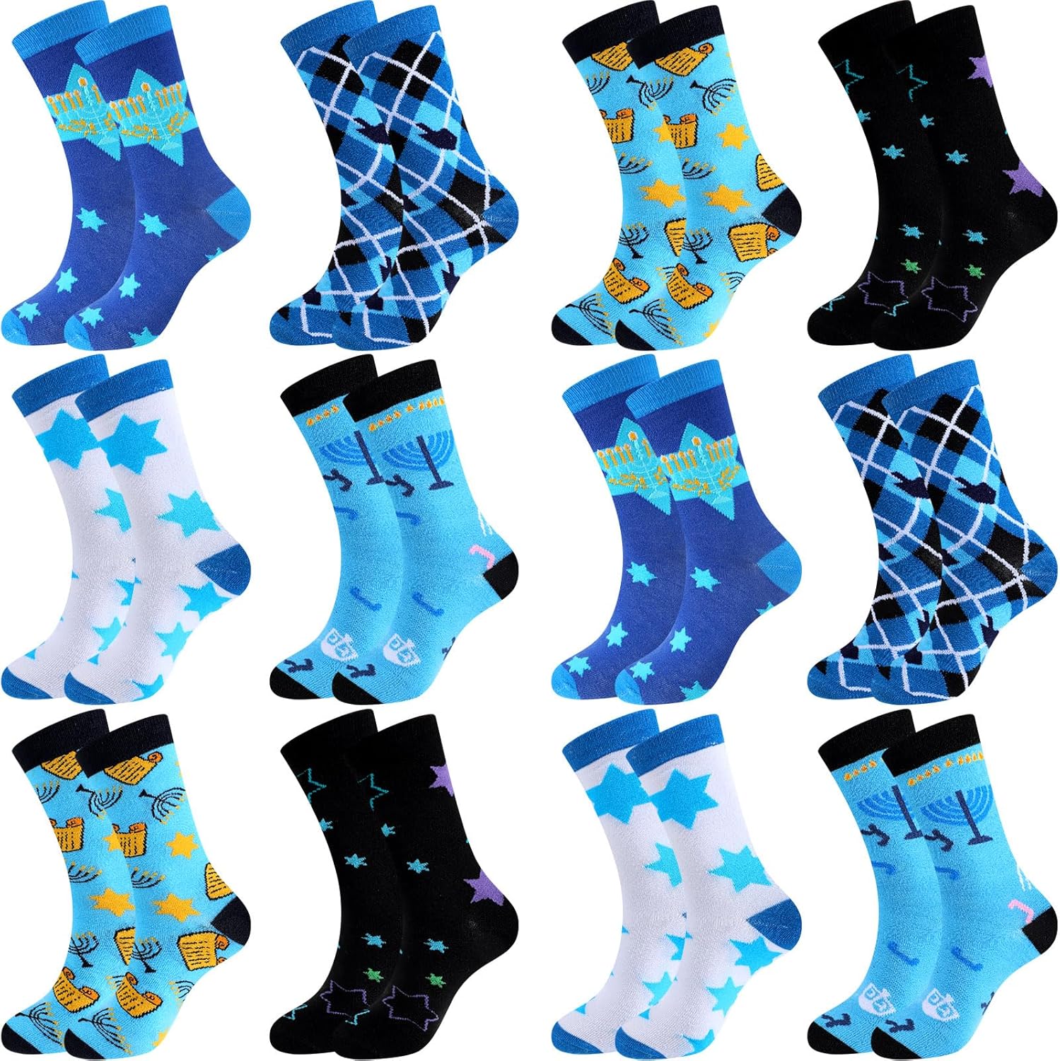 Panitay 12 Pairs Hanukkah Socks Chanukah Menorah Socks Jewish Hanukkah Novelty Holiday Gift for Men and Women Party Gifts