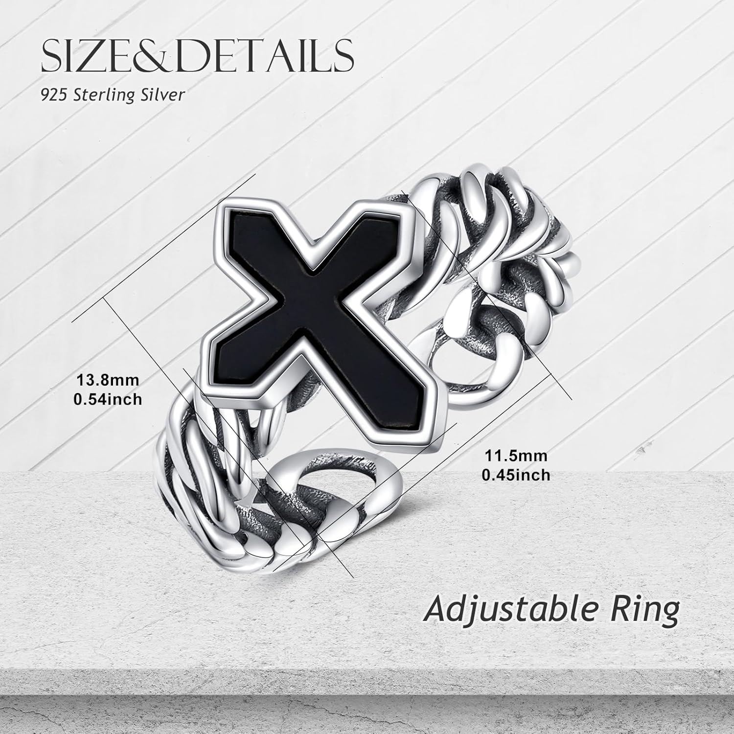 925 Sterling Silver Vintage Oxidized Style Black Onyx Adjustable Ring Casual Jewelry Gifts for Women