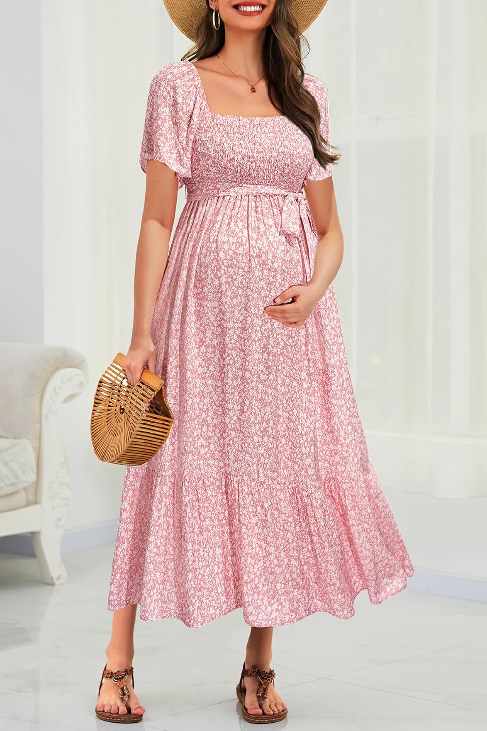 Maternity Dress for Baby Shower - Fall Spring Photoshoot Smocked Square Neck Pregnancy Wedding Guest Midi Dress