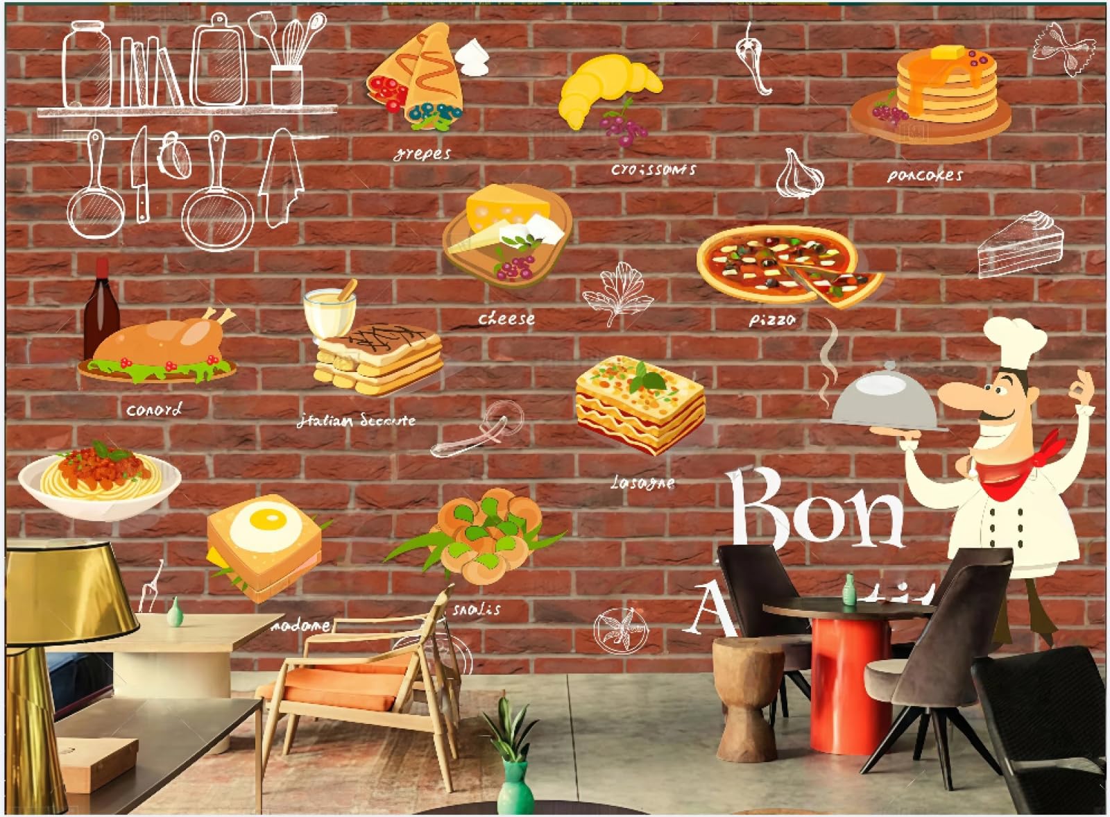 rskjdghshd Wallpaper Retro Red Brick Wall Hand-Painted Burger Fast Food Restaurant Snack Bar Afternoon Tea Catering Background Wall Western Restaurant Wallpaper Cafe Mural,3D,300x210cm