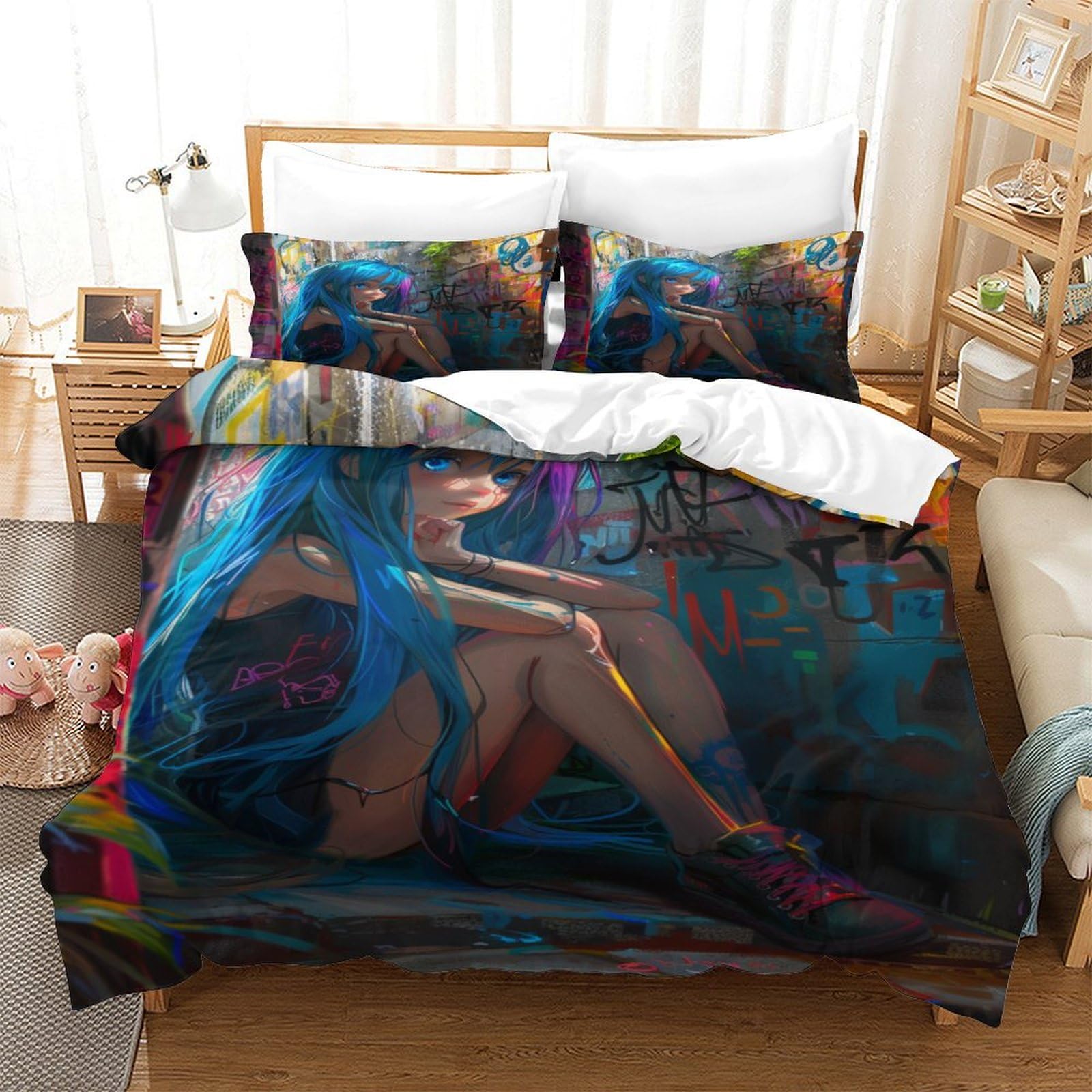 Housse de couette graffiti 140x200 en microfibre hypoallergénique contre la sueur de nuit