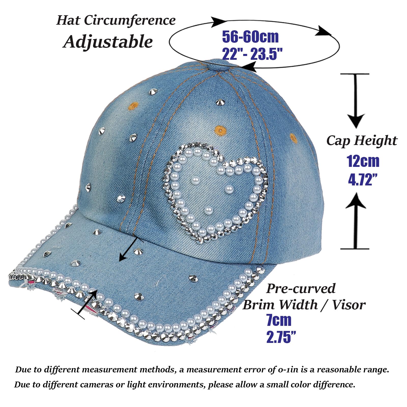 Gorra de béisbol de mezclilla de 6 paneles con diamantes de imitación, con perlas de diamantes de imitación, ajustable, gorra de camionero, hip hop, deportes al aire libre, visera de golf