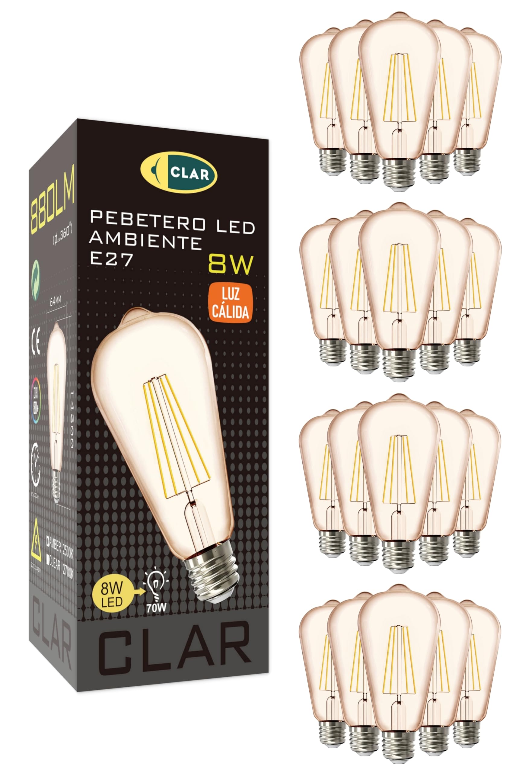 CLAR - Luz Calida, Bombilla Vintage, Bombillas Decorativas, ST58 8W 2500ºK (Pack 20)