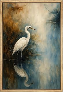 SIGNFORD Framed Canvas Print Wall Art White Egret by The Water Elegant Wildlife Illustrations Digital Art Modern Art Decorative Multicolor Rustic Minimal for Bedroom - 16"x24" Natural