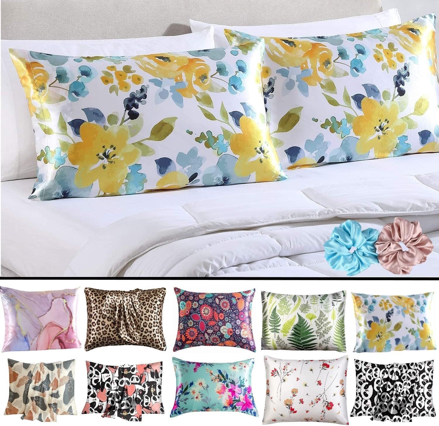STUTI WORLD Silk Pillowcase for Hair and Skin,Silk Scrunchies 2 Pcs|Pillow Case with Envelop Closer,Allergen Proof Dual Sides Soft Breathable Silk Pillow Covers.(2 Pillow Cover) (Yellow Flower)
