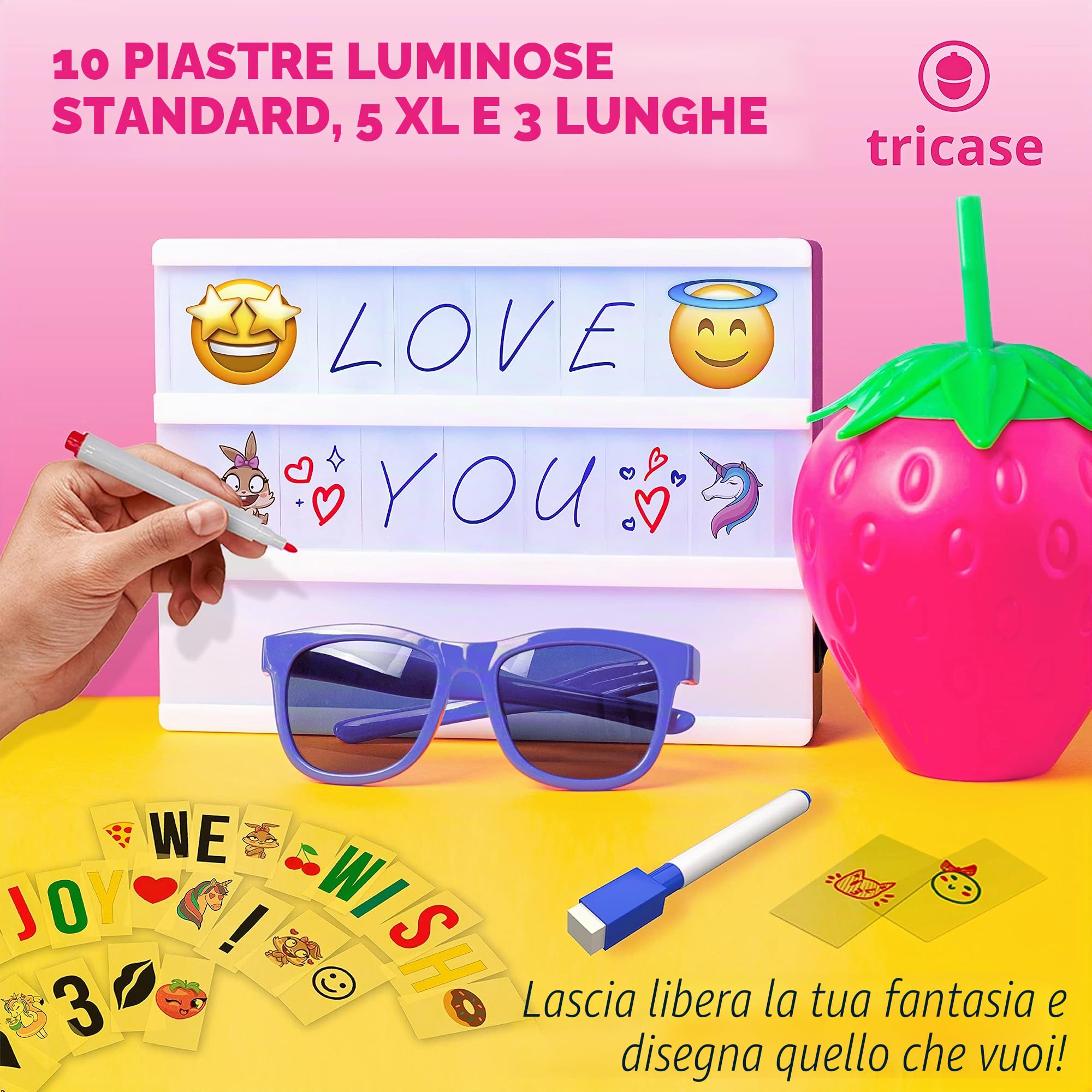 Light Box Cambio Colore per Messaggi con 254 lettere ed Emoji - 8 Emoji XXL, telecomando, USB 1,5 m, 2 pennarelli - Scatola Luminosa 16 colori | Tavolo luminoso Idea regalo di Natale e Compleanno
