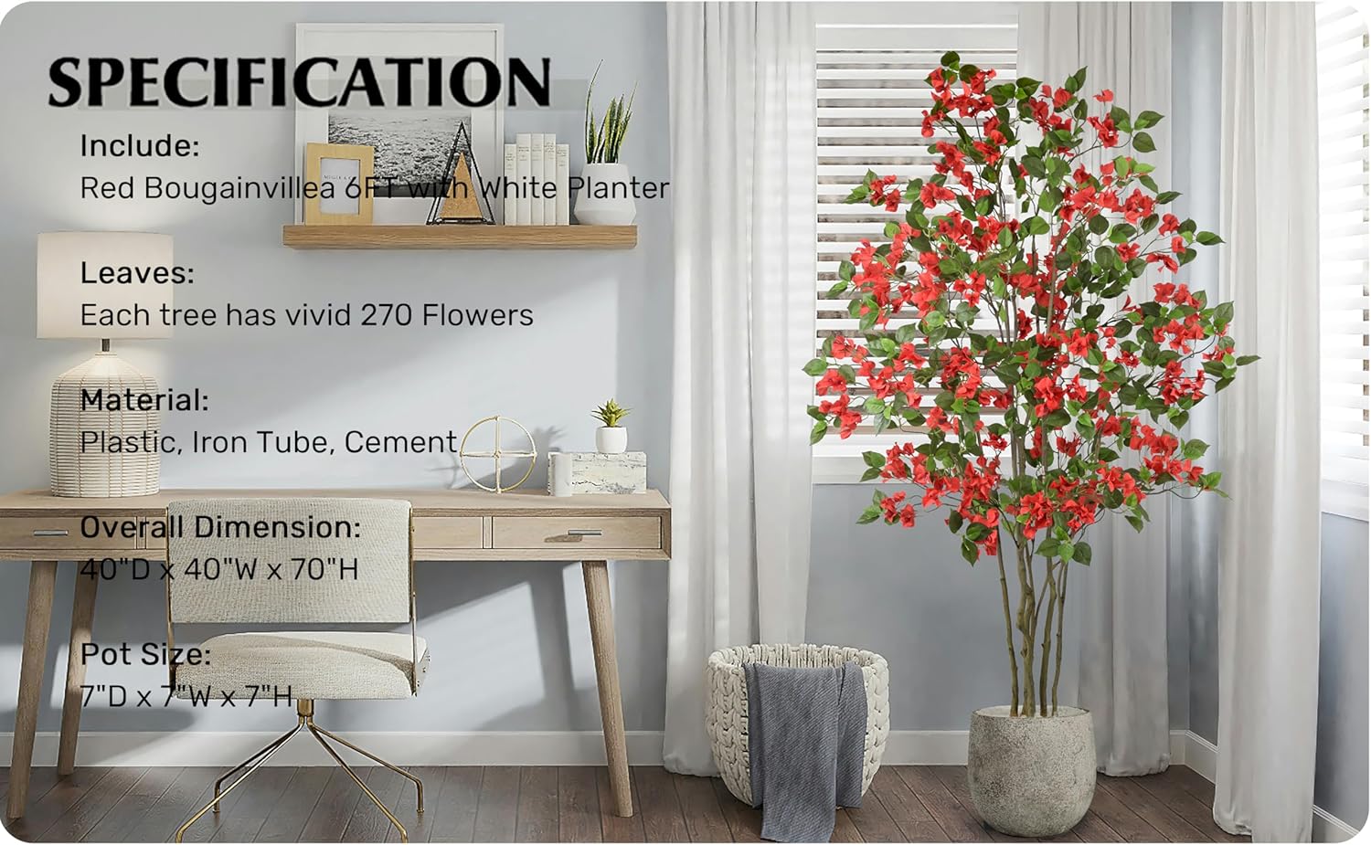 Artificial Red Bougainvillea Tree 6FT with 270 Flowers & White Planter Realistic Tall Large Fake Faux Blooming Flower Plant 72 Inch for Indoor Home Office Porch Mall Decor Housewarming Gift