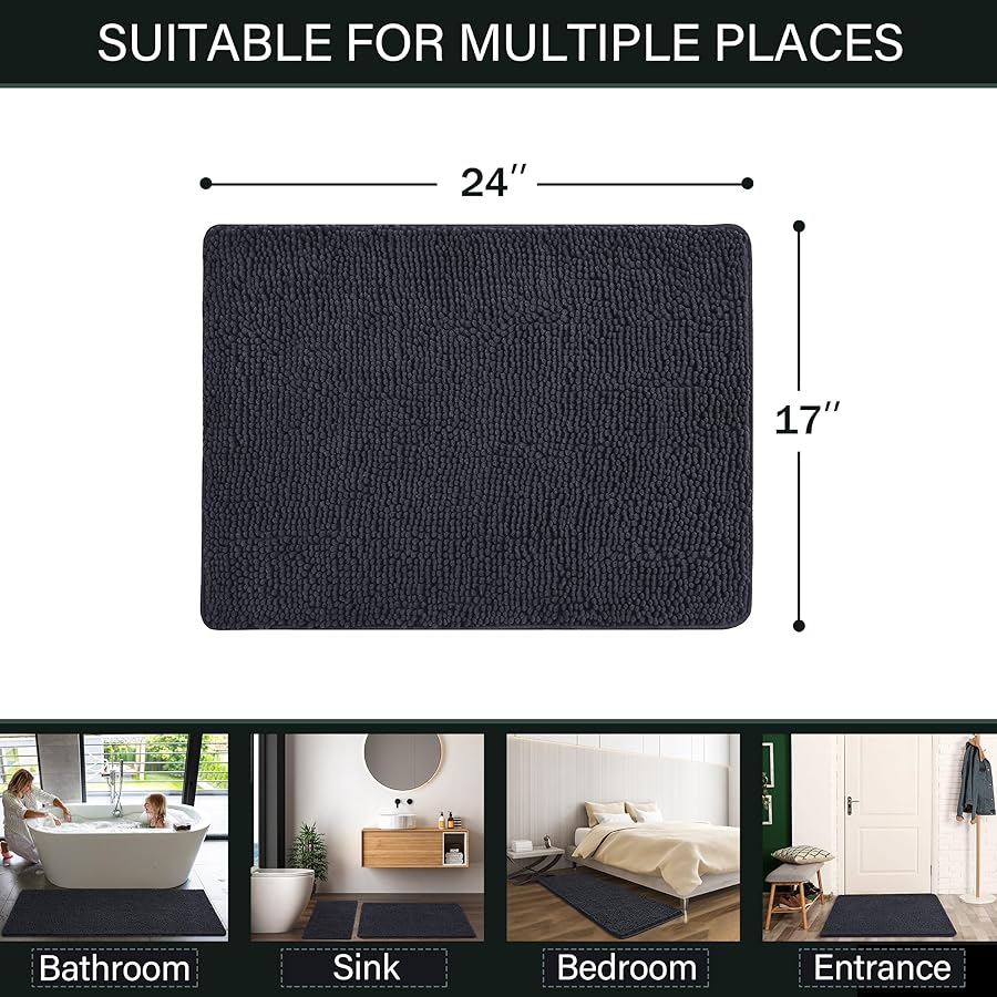 LOCHAS Luxury Bathroom Rug Shaggy Bath Mat 24 x 17 Inch, Washable Non Slip Bath Rugs for Bathroom Shower, Soft Plush Chenille Absorbent Carpets Mats, Dark Grey - image 2