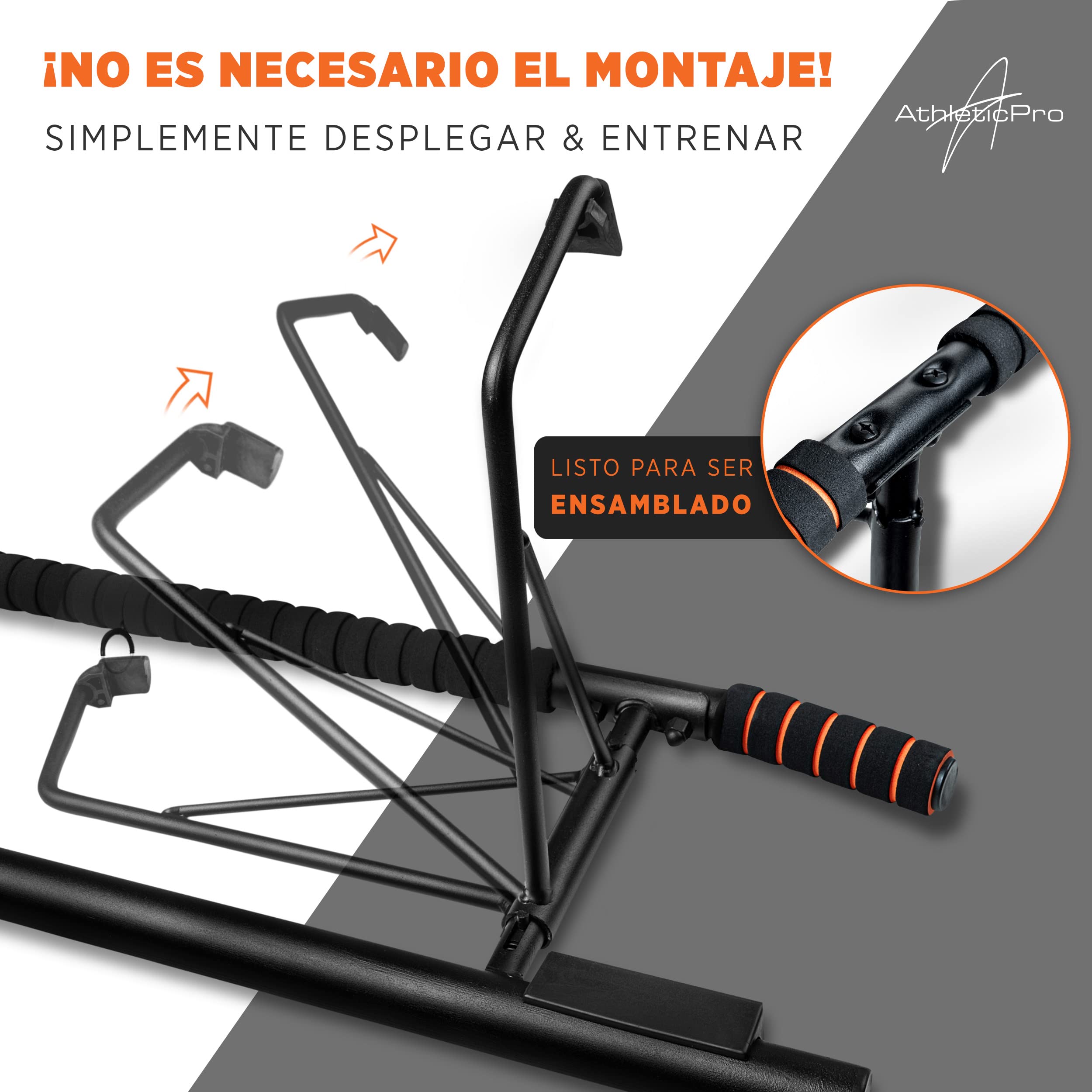 AthleticPro Barra de Dominadas para Marco de Puerta sin Taladrar – Barra de Pull Up Resistente para Colgar [puertas hasta 90cm] – Para Dominadas, Fondos y Flexiones con Banda Elástica