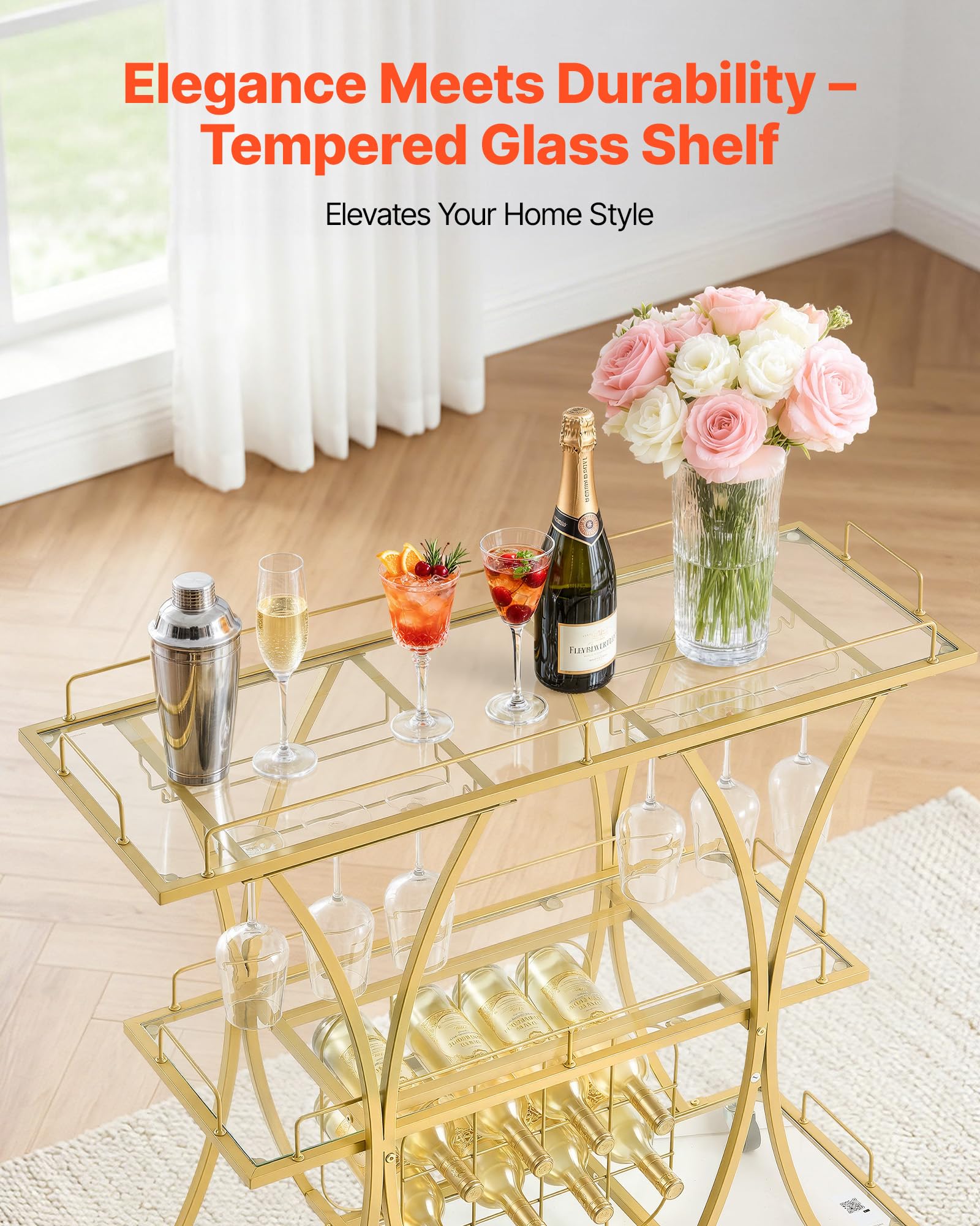 VEVOR Carro de Bebidas con Botellero de 3 Niveles, Carrito de Servicio con Ruedas, Estantes de Vidrio Espejado, Soporte para Copas, para Sala de Estar, Comedor, Cocina, 100 x 35 x 94 cm, Dorado