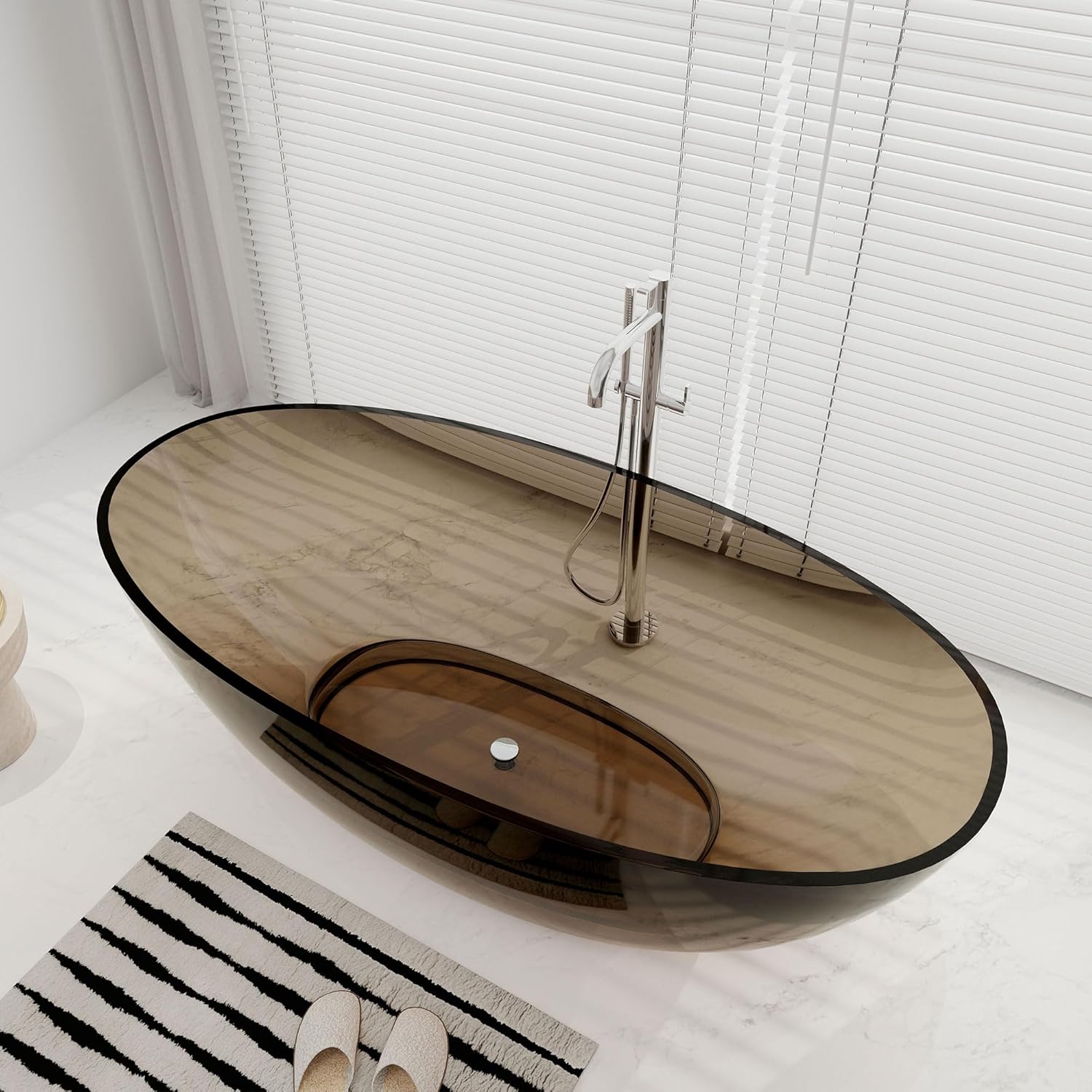 71" x 35" SJ STAR&JANE Solid Surface Freestanding Bathtub Stone Resin Oval Soaking Tub Stand Alone Tub with Pop-up Drain Transparent Sepia