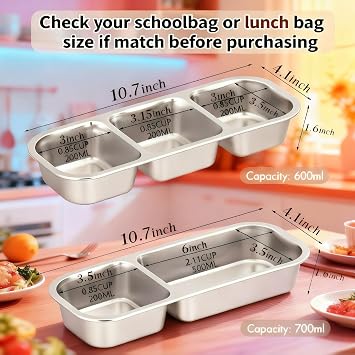 Stainless Steel Snack Containers for Match Day,2 Compartments Metal Snack Pack Box with Lids, Kid's Divided Food Storage Containers Sauce Cups for Football,Game Night Travel, School,Leak-Proof(1 Pack)