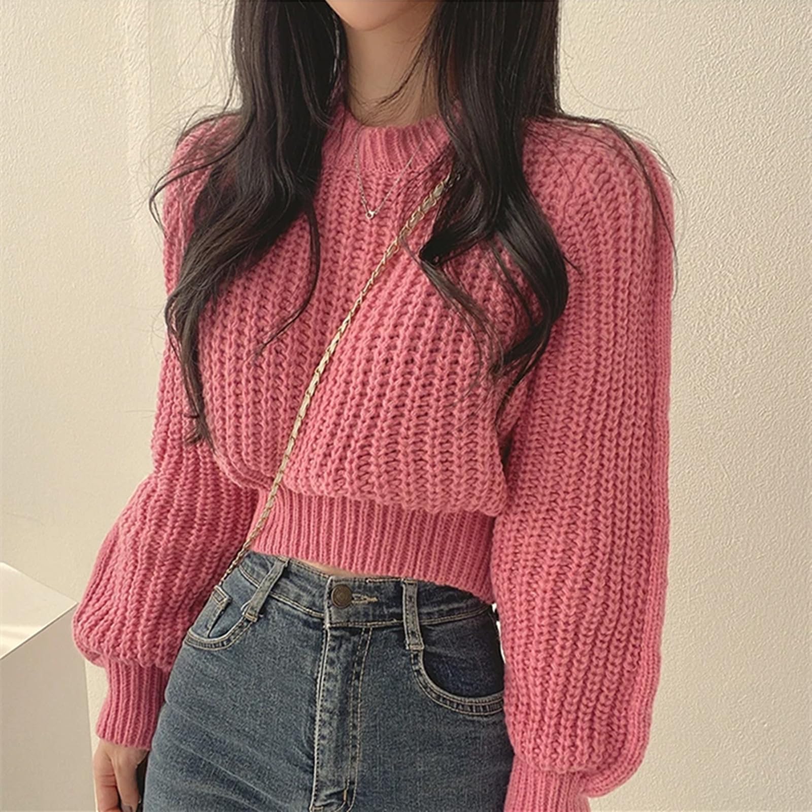 Sweter dla kobiet vintage latarnia długi rękaw damski sweter na co dzień jesień zima dzianina miękkie ciepłe topy elegancki solidny sweter damski