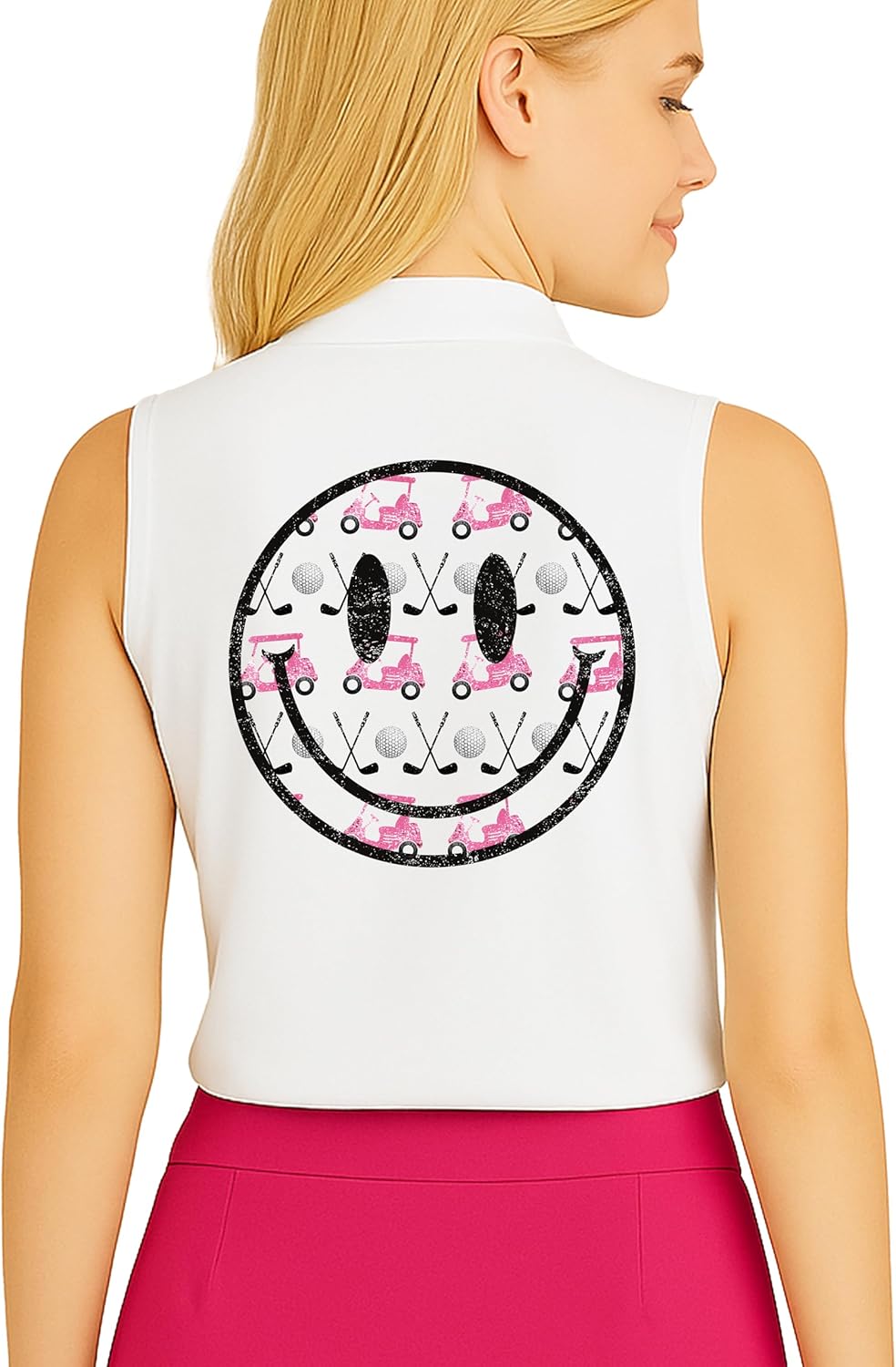 Trendy Happy Golf Polo Shirt for Women - Girly Golf Cart & Clubs Sleeveless or Short Sleeve Athletic Top