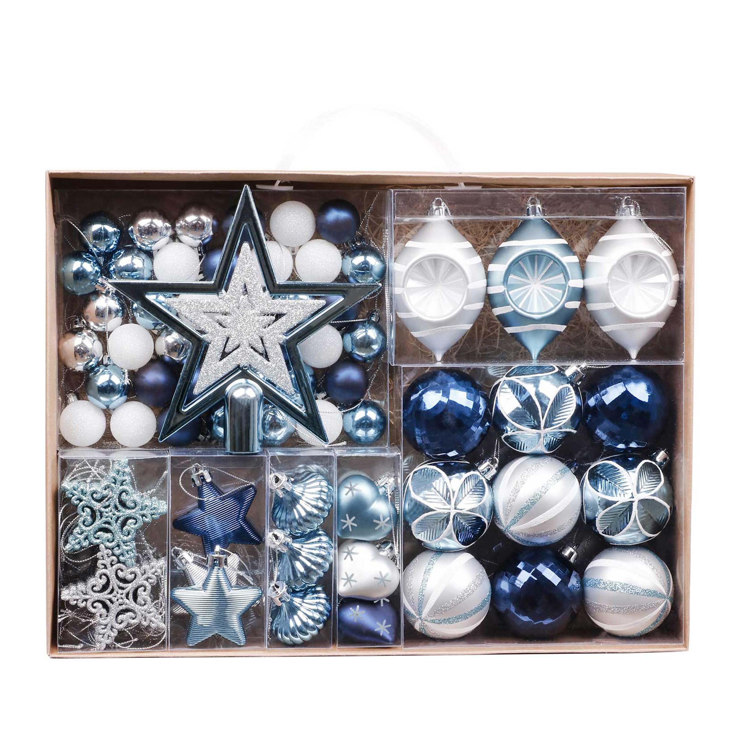 Valery Madelyn Azul y Plata, Adornos de Bolas Plásticas Infrangibles de Navidad, Shatterproof Christmas Baubles, para la Decoración del Árbol de Navidad (Juego de 70, 3-6cm)