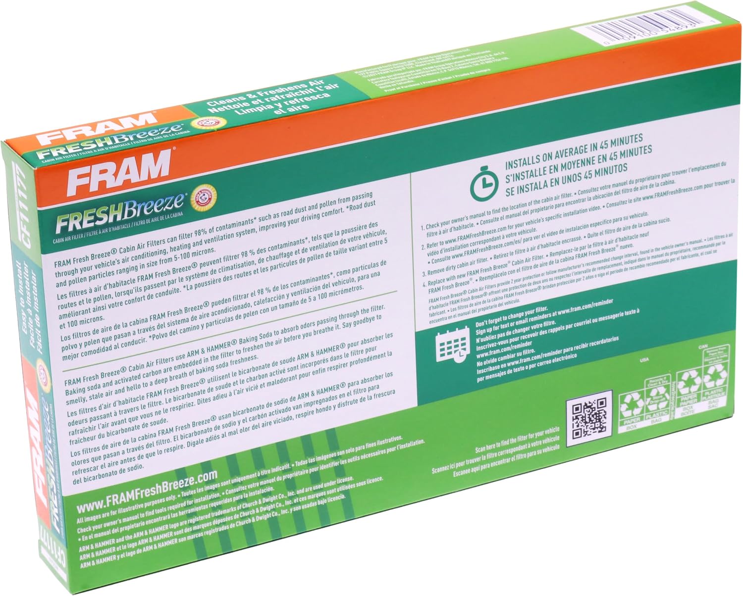 FRAM Fresh Breeze Cabin Air Filter Replacement for Car Passenger Compartment w/ Arm and Hammer Baking Soda, Easy Install, CF11177 for Select Nissan Vehicles , white