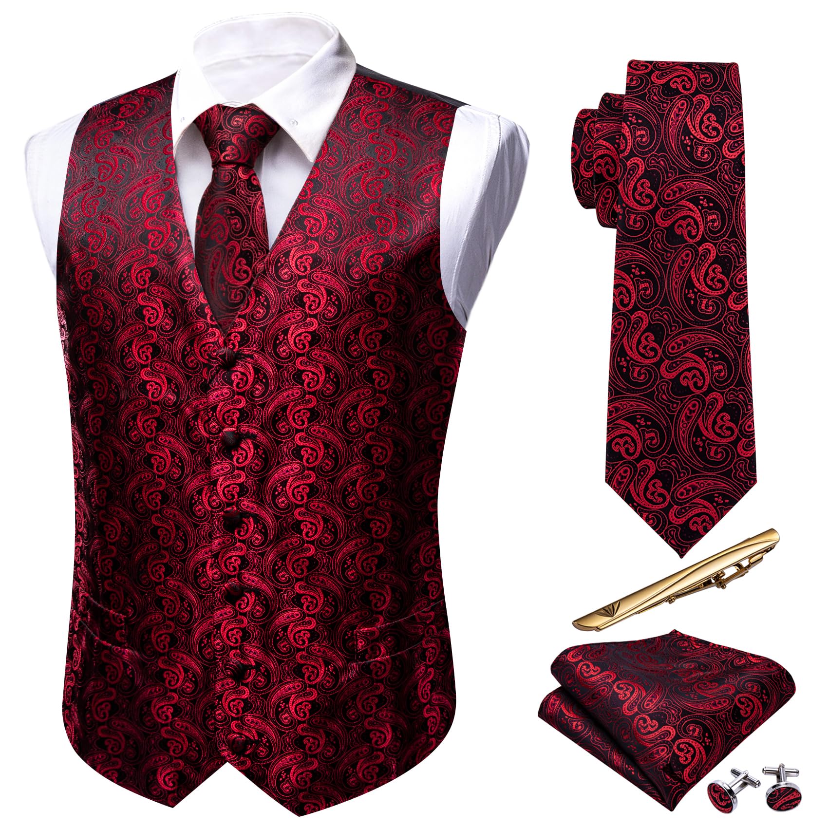 Barry.Wang Men's Suit Vest Formal/Casual Paisley Silk Tie Vests 5PCS