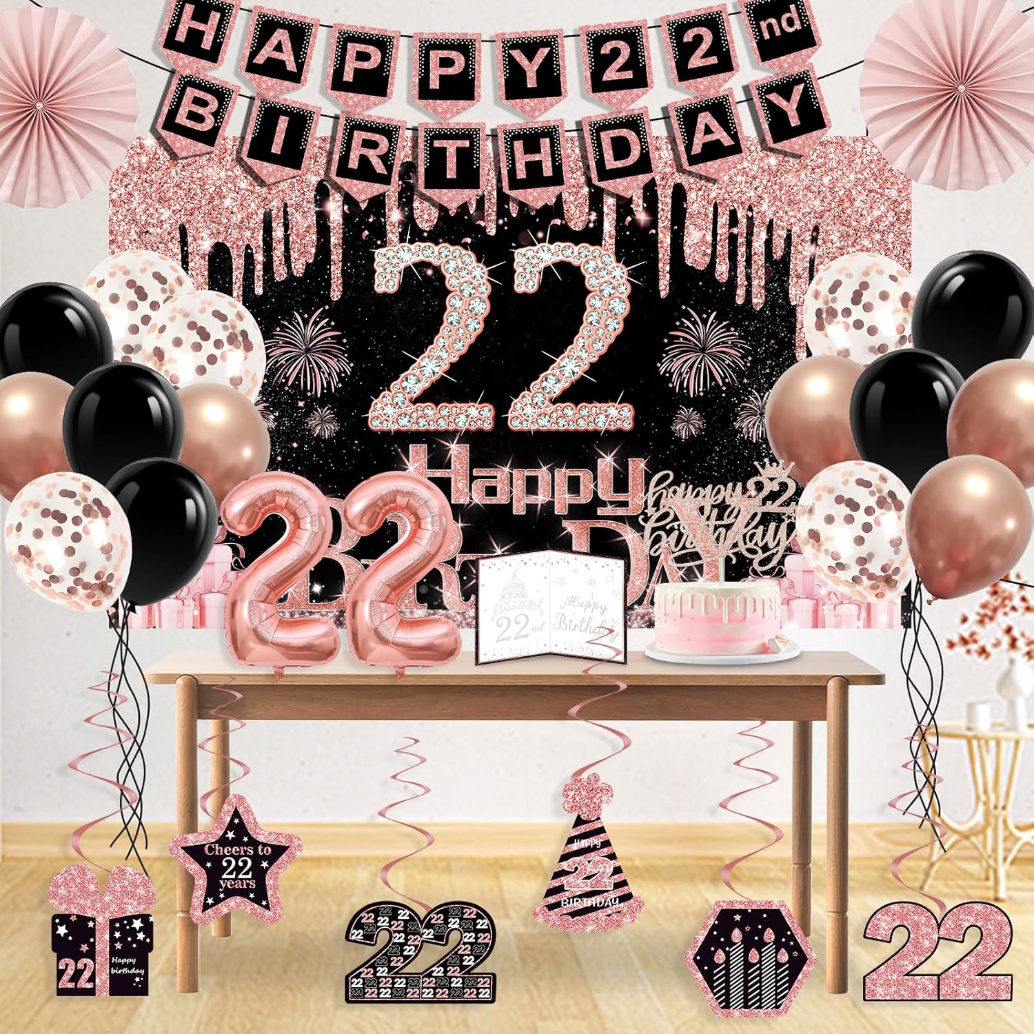 22nd Birthday Decorations for Girls,32PCS 22nd Birthday Party Decorations,Including Backdrop, Crown, Sash, banner, Hanging Swirl,balloons,Cake Topper,Paper Fans and Anniversary Card - Image 4