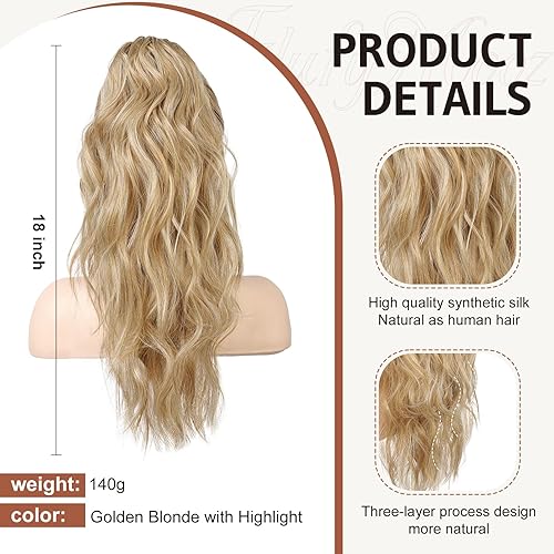 Miniatura 2 de Flufymooz Extensión de cola de caballo, extensión de cola de caballo con clip de garra de 18 pulgadas, extensiones de cabello ondulado y rizado con
