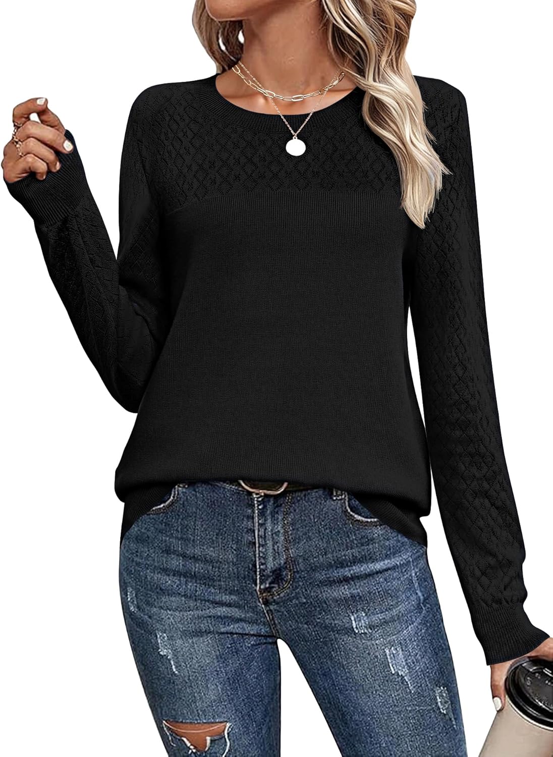 LOMON Sweaters for Women Casual Knit Long Sleeve Crewneck Lightweight Pullover Sweater Womens Hollow Out Tops for Women - Image 2