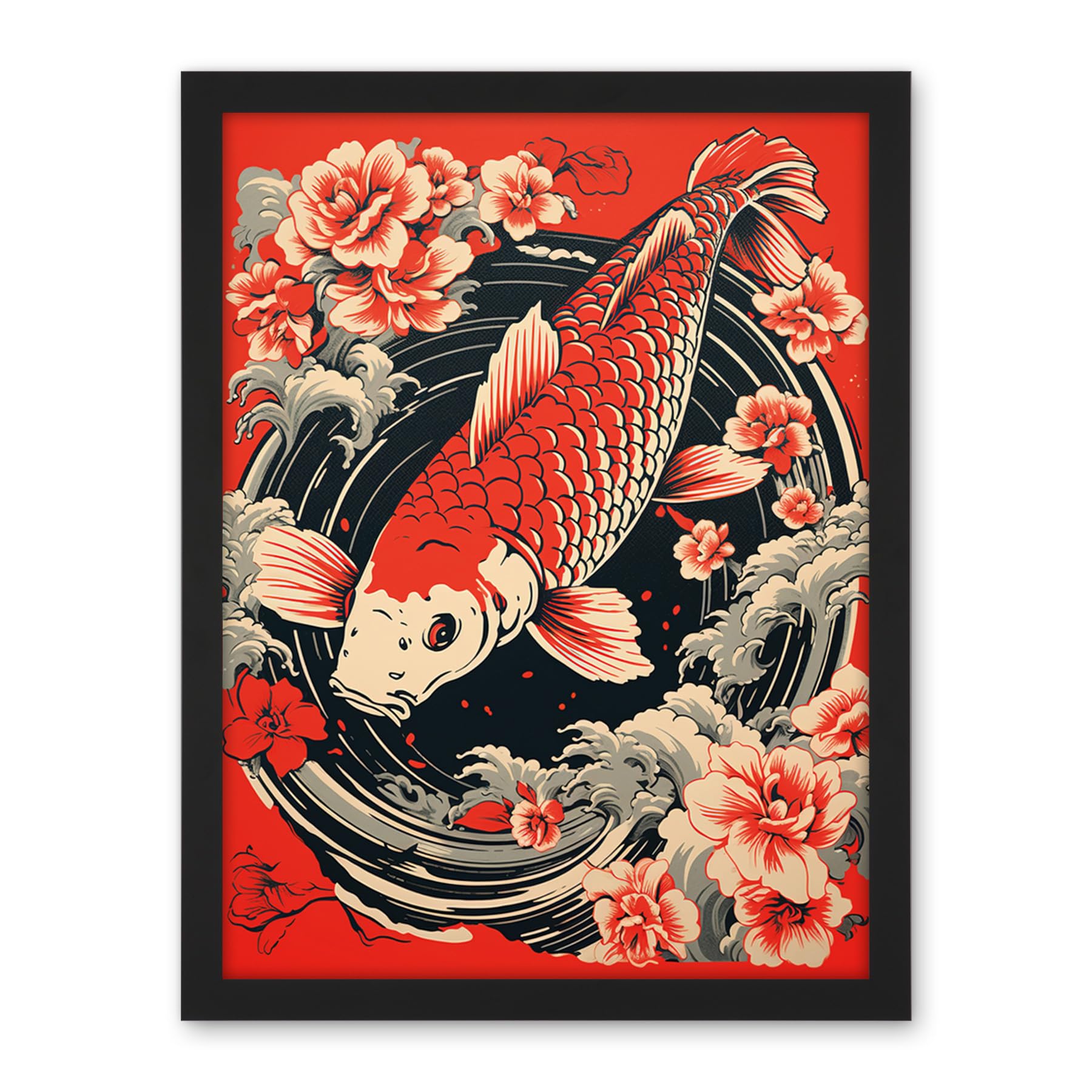 Artery8 Koi Fish Carp Japanese Whirlpool Red Black Floral Illustration Artwork Coy Artwork Framed Wall Art Print 18X24 Inch