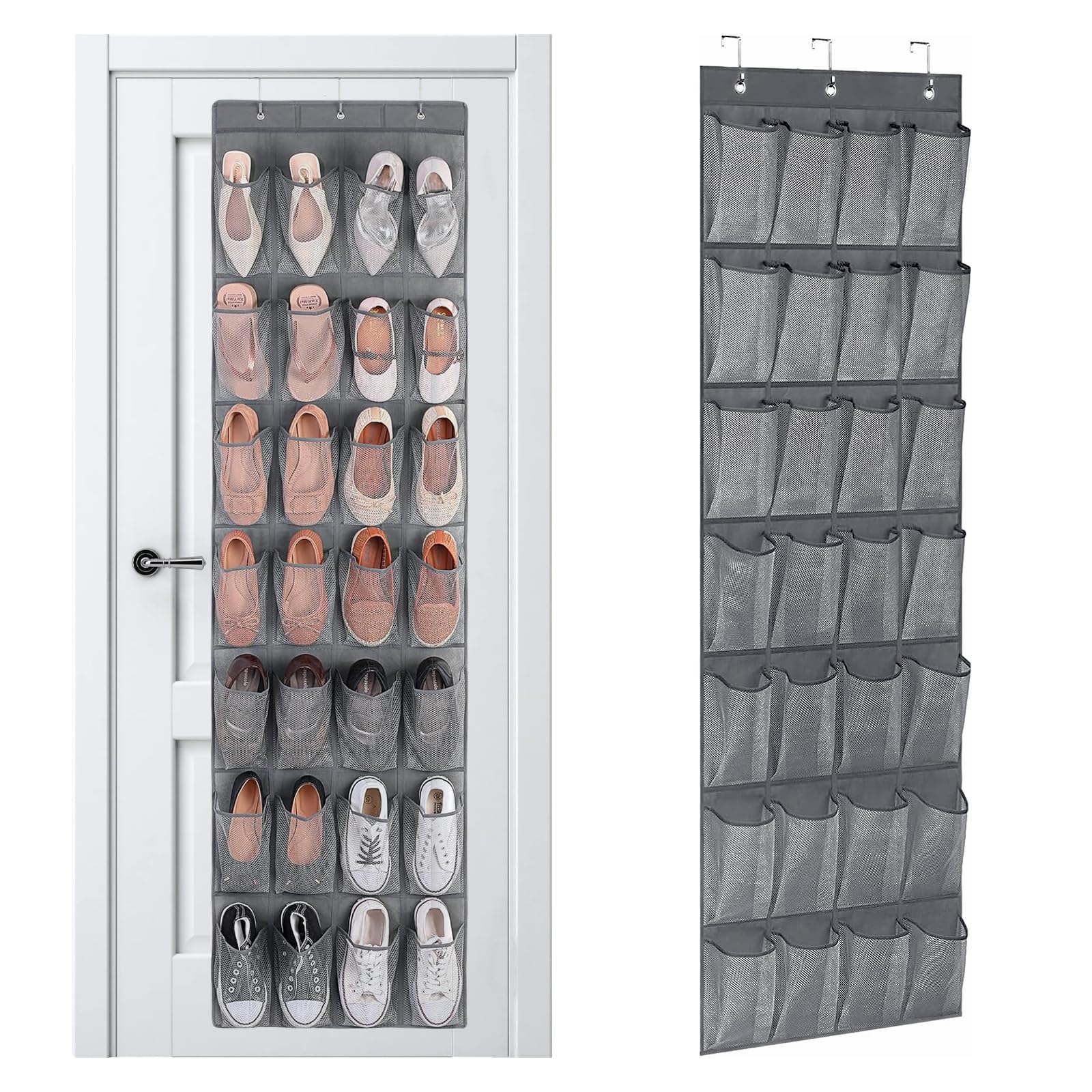 XMDROU Over the Door Shoe Storage, Hanging Shoe Storage, 28 Large Mesh Pockets Hanging Rack Organiser Wardrobe Shoes Rack Mesh Hangings with 3 Hooks for Storing Shoes and Gadgets(Grey)