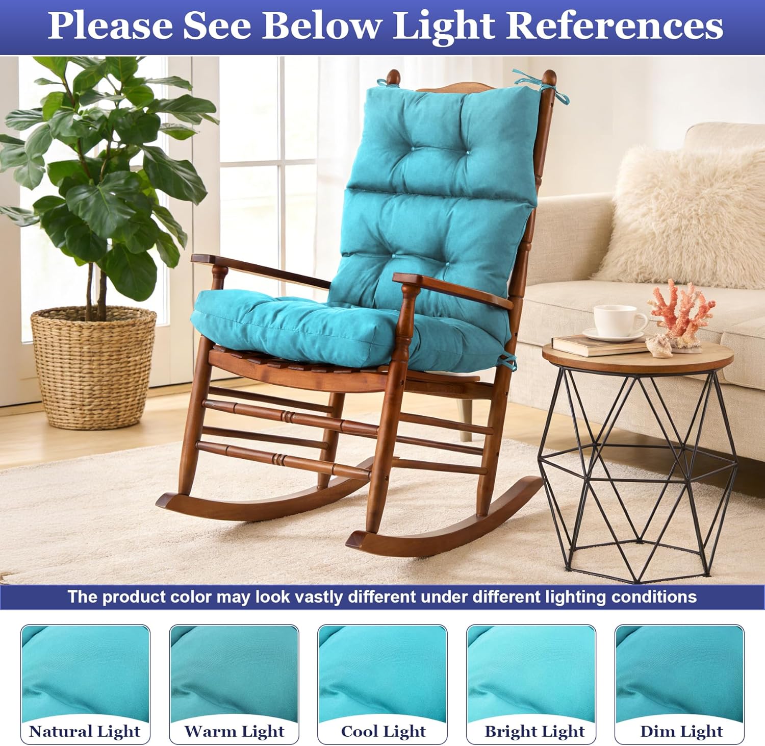 Rocking Chair Cushion, Waterproof and Fade-Resistant Adirondack Rocker Cushions, Indoor/Outdoor Rocking Chair Pads, High Back Memory Foam Patio Furniture Cushions with Ties, 44x23x4 Inch, Teal