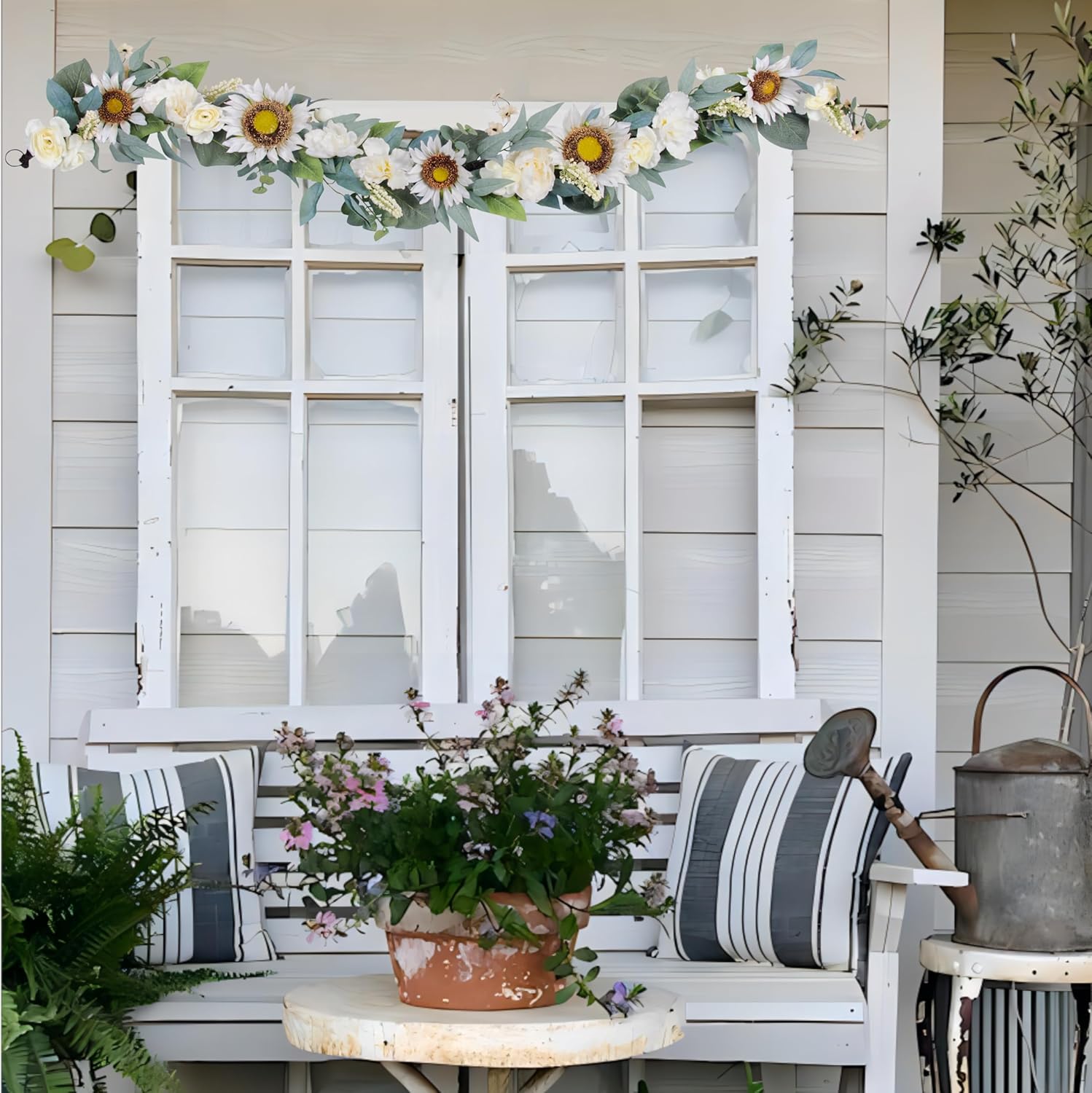 6 ft Flowers Garland Decor - Handcrafted Artificial Sunflower Rose Peony Vine Swag - Spring Summer White Floral Arrangement for Home Table Mantel Railing Stair Door Wedding Party Arch Backdrop