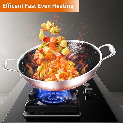 Miniatura 5 de DELARLO Wok Pan de 12 pulgadas con tapa, acero inoxidable de tres capas, antiadherente, apto para horno hasta 600F, capacidad de 5 cuartos de galón,