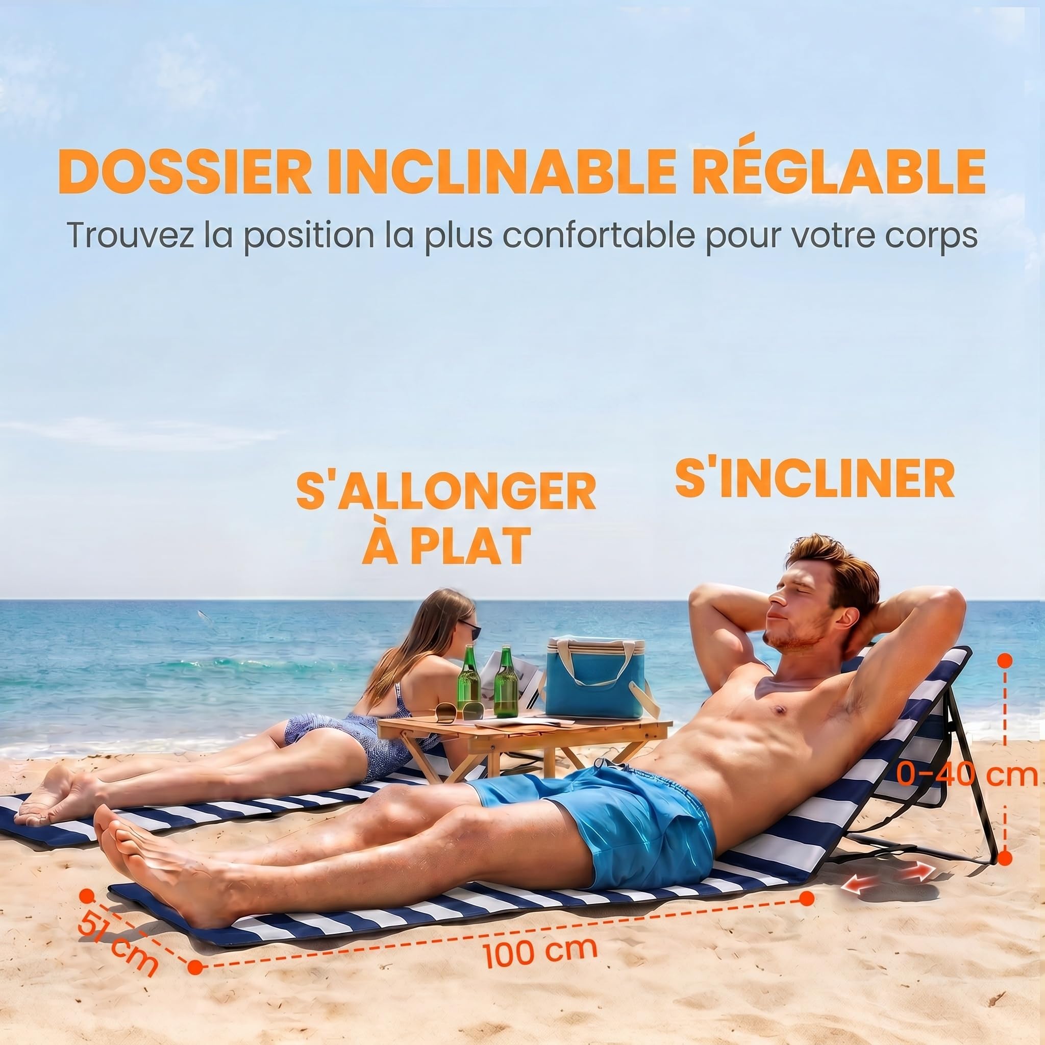 Outsunny Lot de 2 Tapis de Plage rembourré - Matelas de Plage - Dossier inclinable Multi-Positions - Sangle de Transport Inclus - métal Polyester Blanc et Bleu