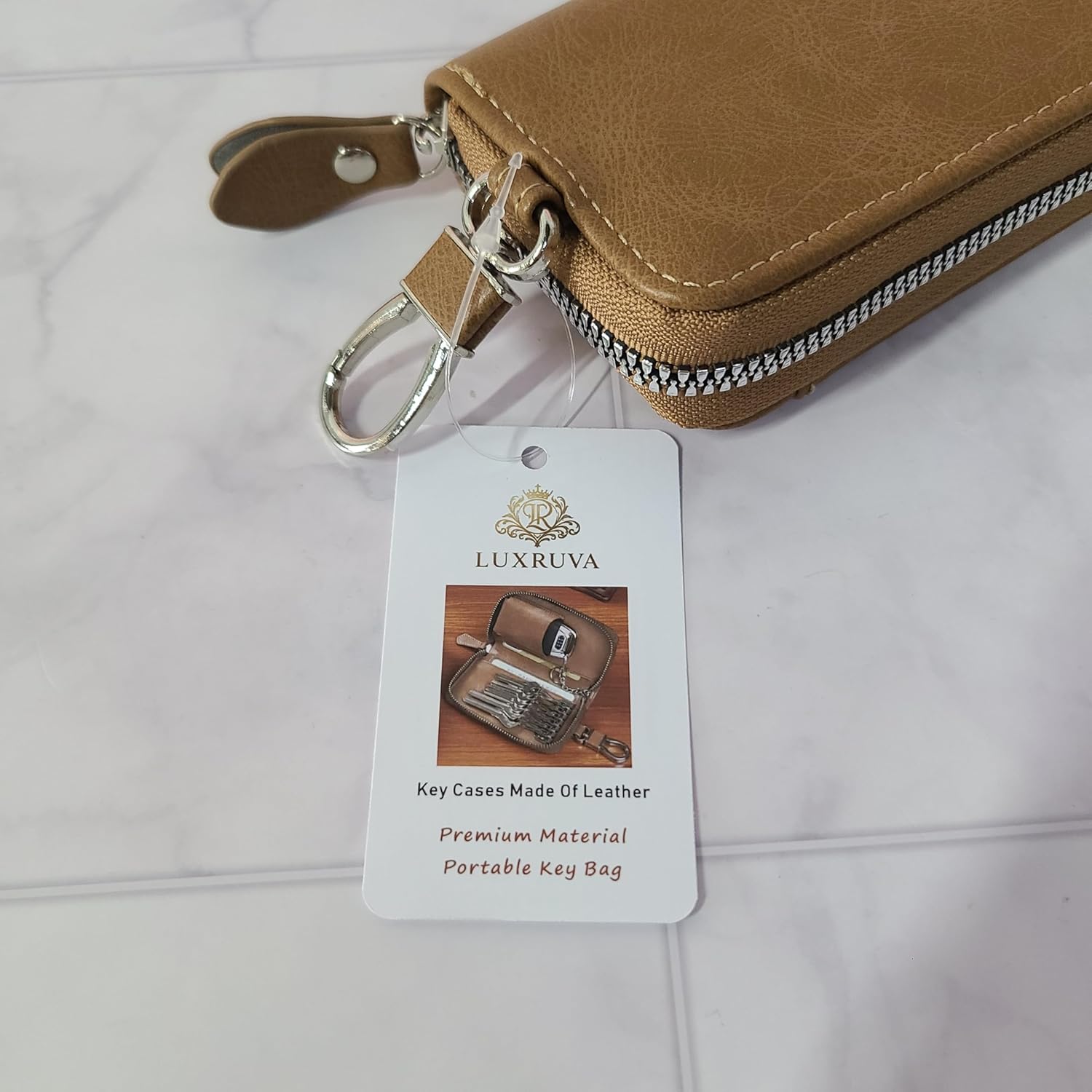 LUXRUVA Key Cases Made Of Leather, Compact Zipper Key Organizer with Key Hooks, Portable Key Pouch for Men & Women, Brown