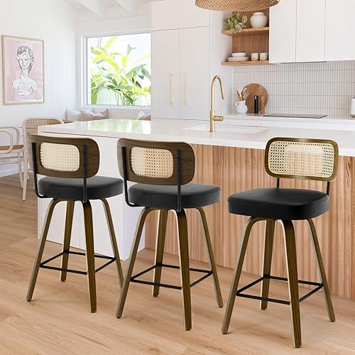 Bekrvio Swivel Counter Height Bar Stools Set of 3, Upholstered Faux Leather Barstools with Rattan Back, 26" Seat Height Bar Chairs for Kitchen Island, Bentwood Wood Frame, Black
