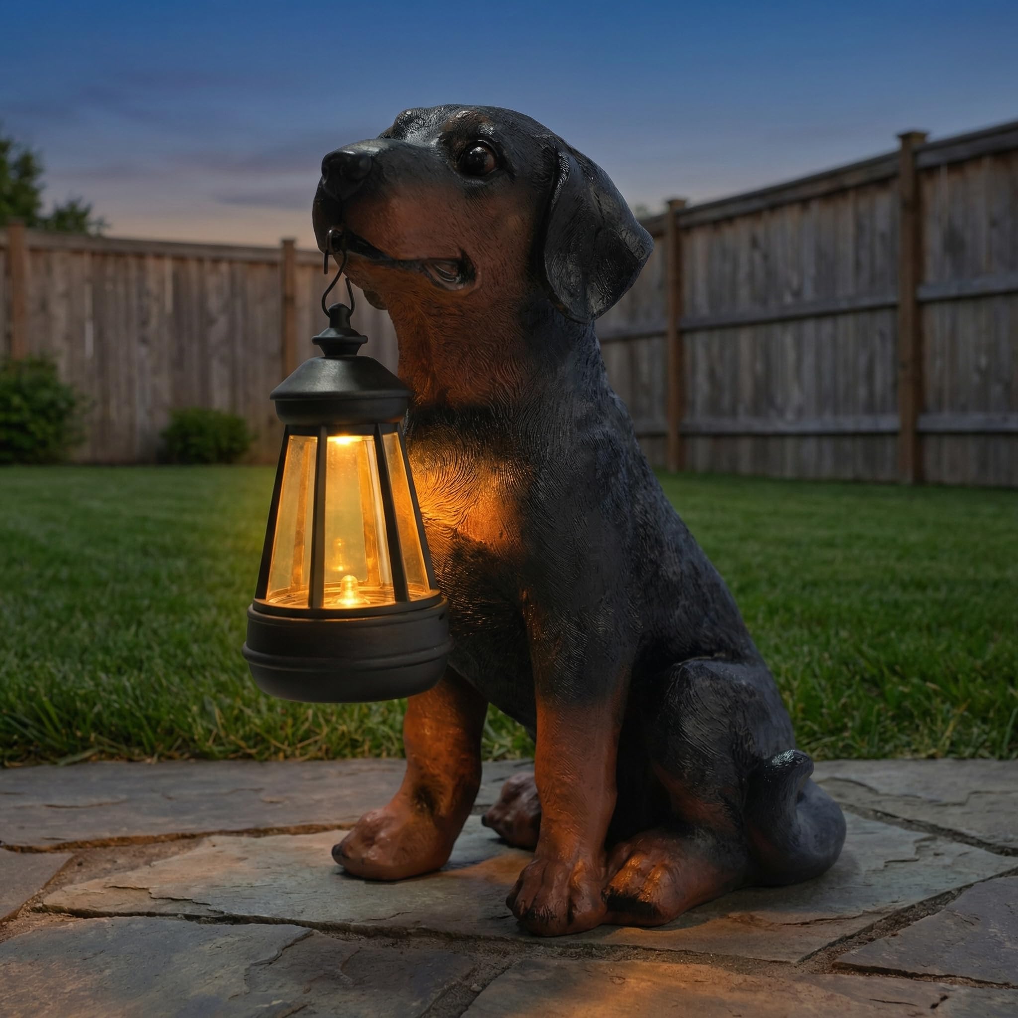 Statua a forma di cane con lanterna solare, statua per esterni, decorazione per la casa per giardino, cortile, portico, patio, 26 cm, decorazione per cuccioli, luci, regalo per compleanno, San