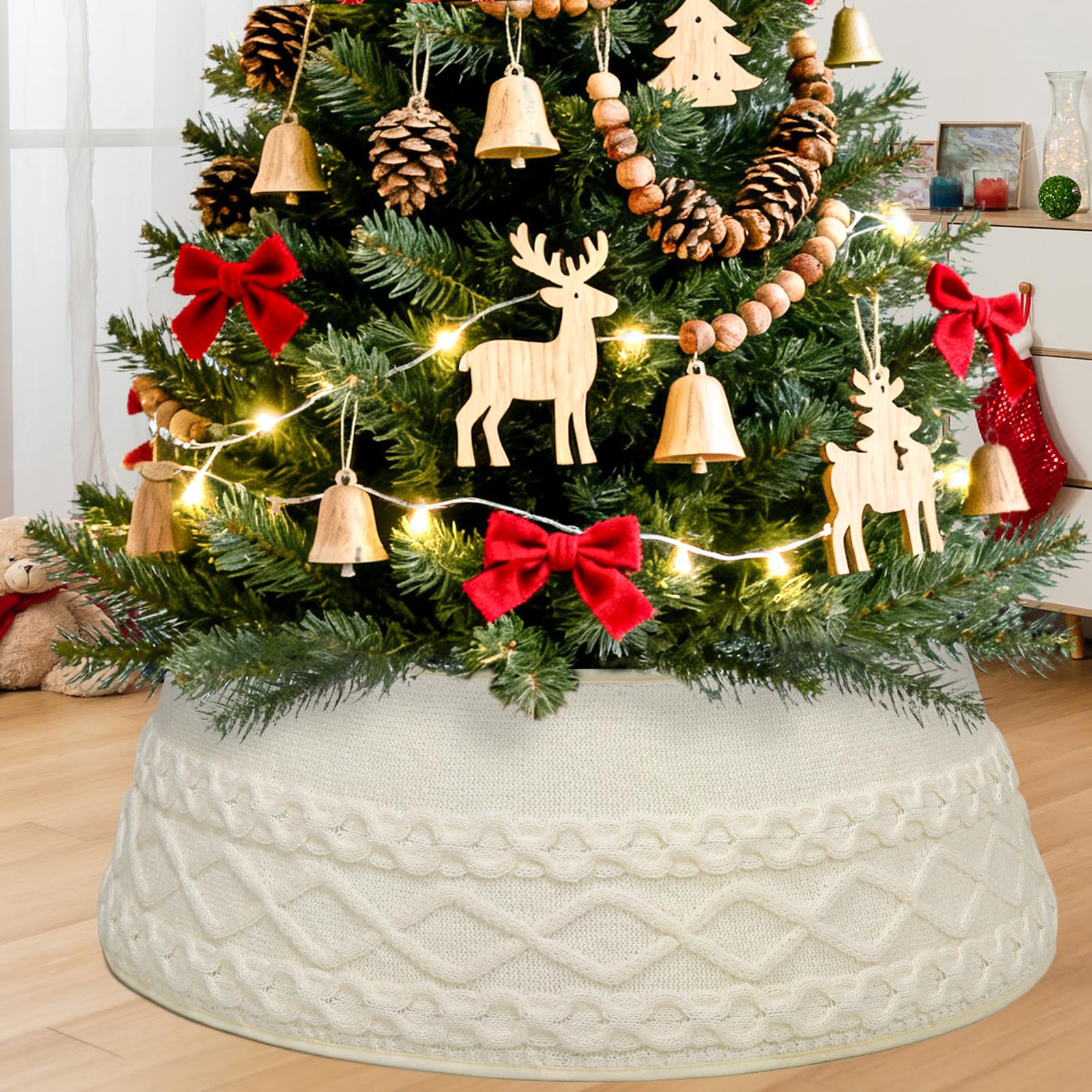 Betylifoy Gonne Albero di Natale Tridimensionale Lavorata a Maglia 71 cm Rotonda Decorazioni Albero di Natali, Base Alberi di Natali (Bianco)