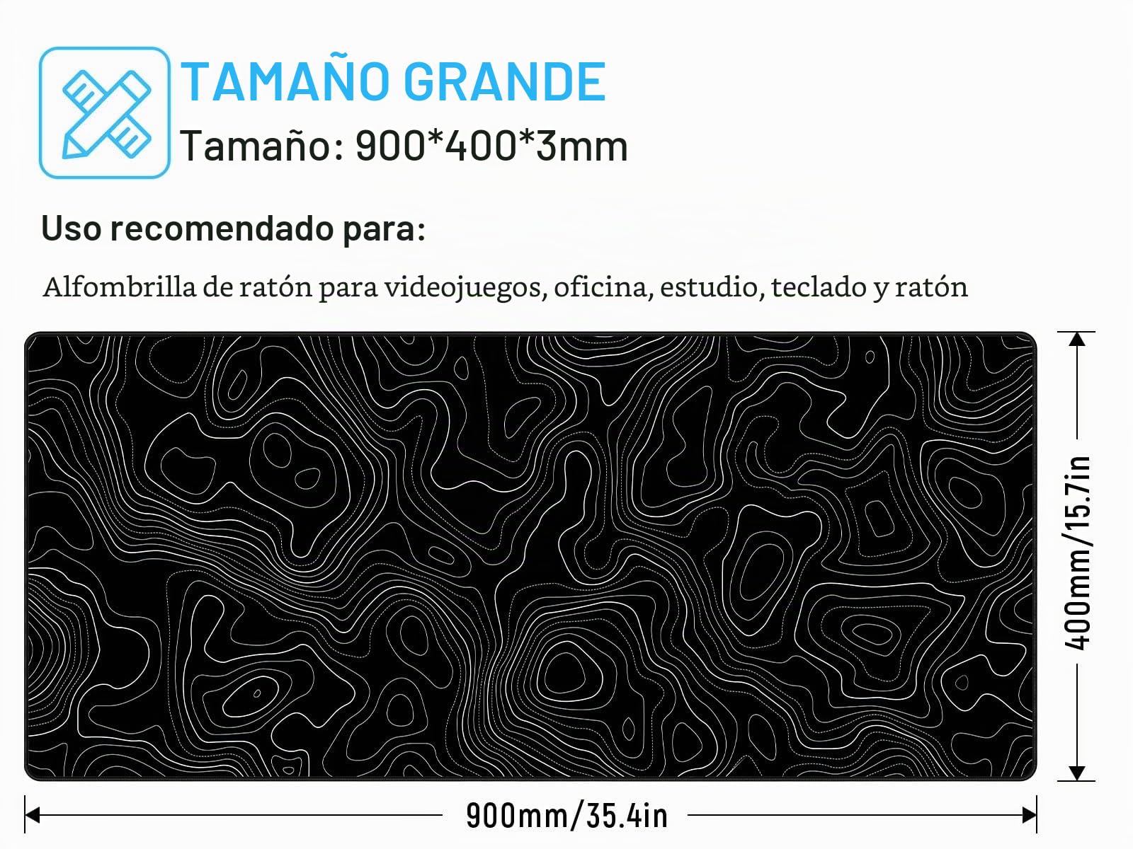 JIALONG Alfombrilla Raton Gaming Grande XXL 900x400mm Lavable Base Caucho Topografía Negra